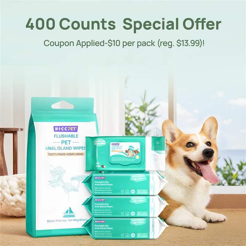HICC PET Wipes for Dogs & Cats, Cleansing Deodorizing & Soothing Allergy Infections Anal Gland Pets Wipes with Coconut Oil - Dog Grooming Wipes for Butt and Paw - Hypoallergenic & Vet Recommended