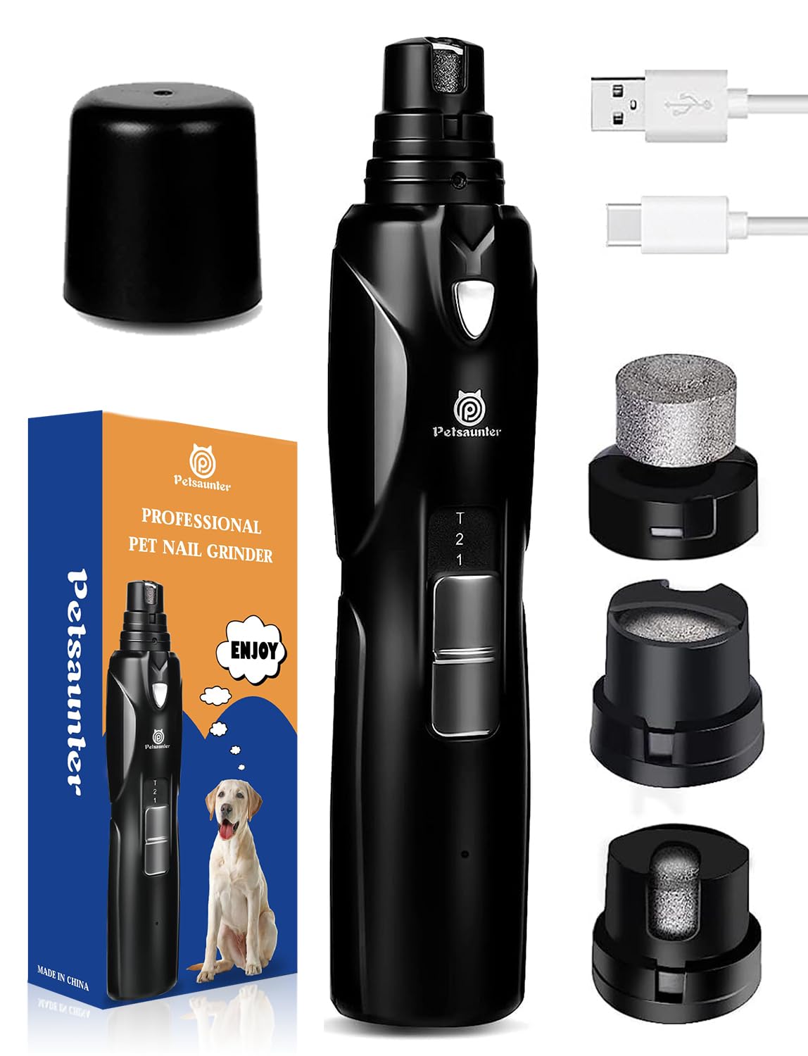 Dog Nail Grinder, 2-Speed and LED Light, Touch-Switch, TypeC, Quiet and Low-Vibration Dog Nail Trimmers, and 3 Ports for Large Dogs, Medium, Small Dogs Cats Pets with Hard or Thick Nail