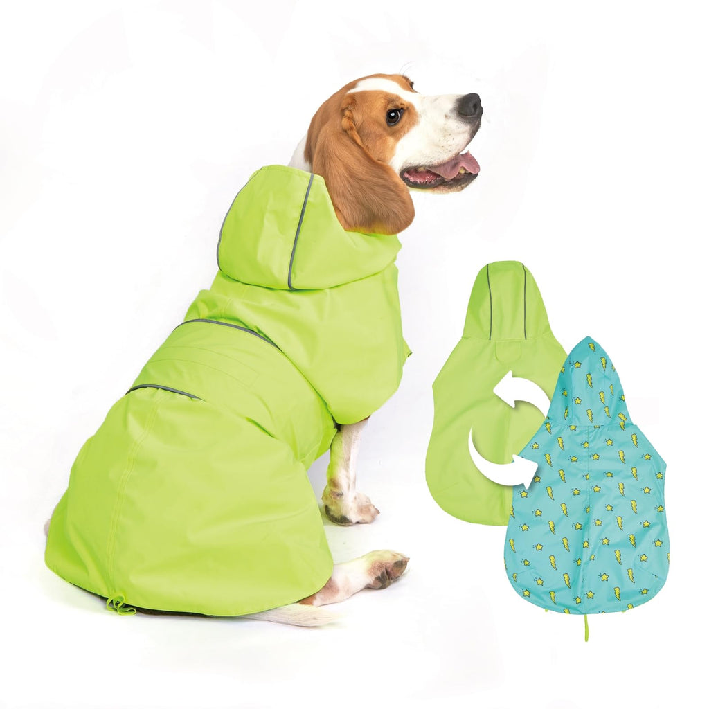 Dog Raincoat Reversible, Single Side Slicker Poncho Adjustable Waterproof Dog Rain Jacket with Leash Hole/Reflective Stripe Hooded Snowproof Windproof Clothes.
