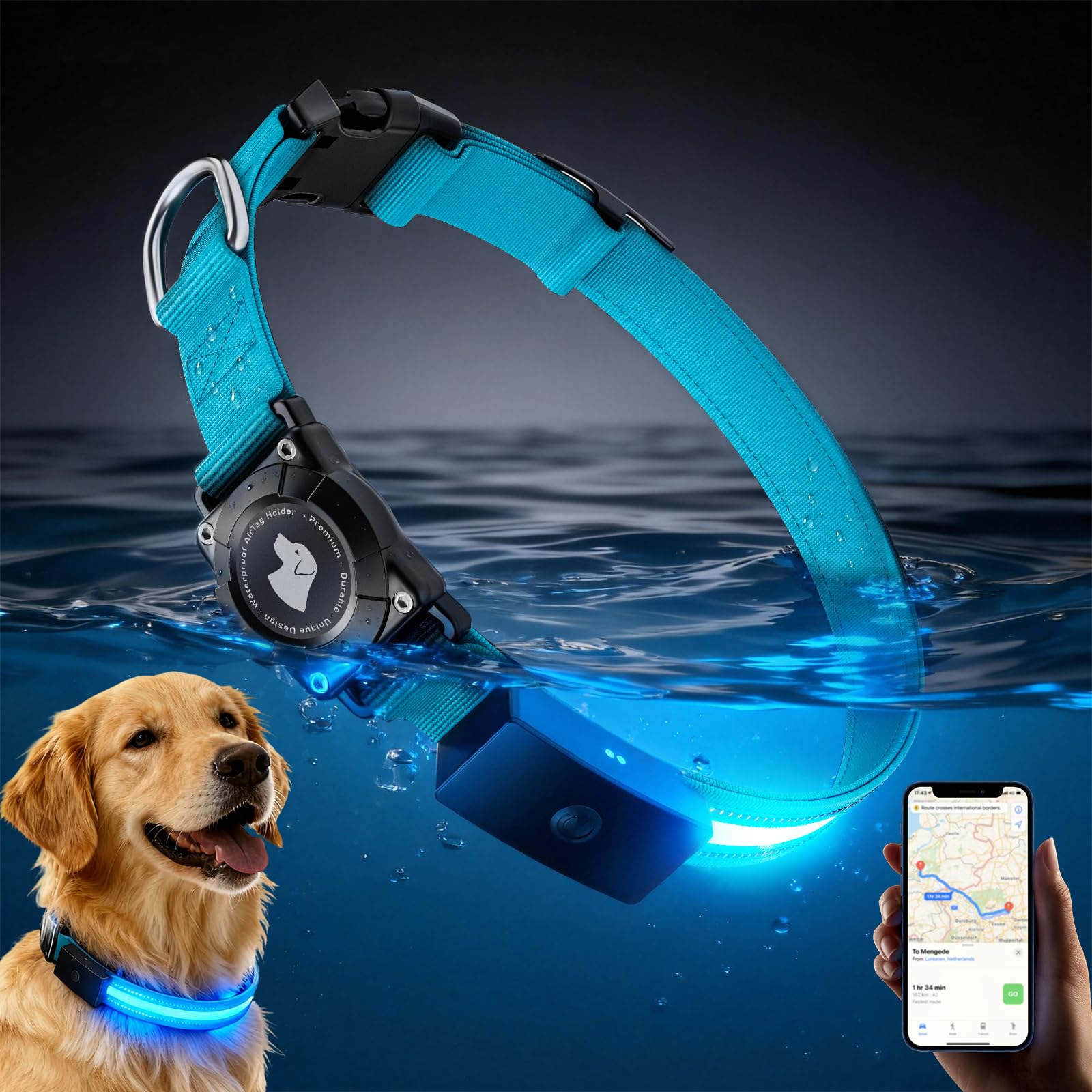 LED AirTag Dog Collar - Brightest Light Up Dog Collars - IP68 Waterproof Air Tag Dog Collar Holder - 1,600 Feet of High Visibility - Magnetic Charging - Dog Lights for Night Walking (Air Tag NOT Included)