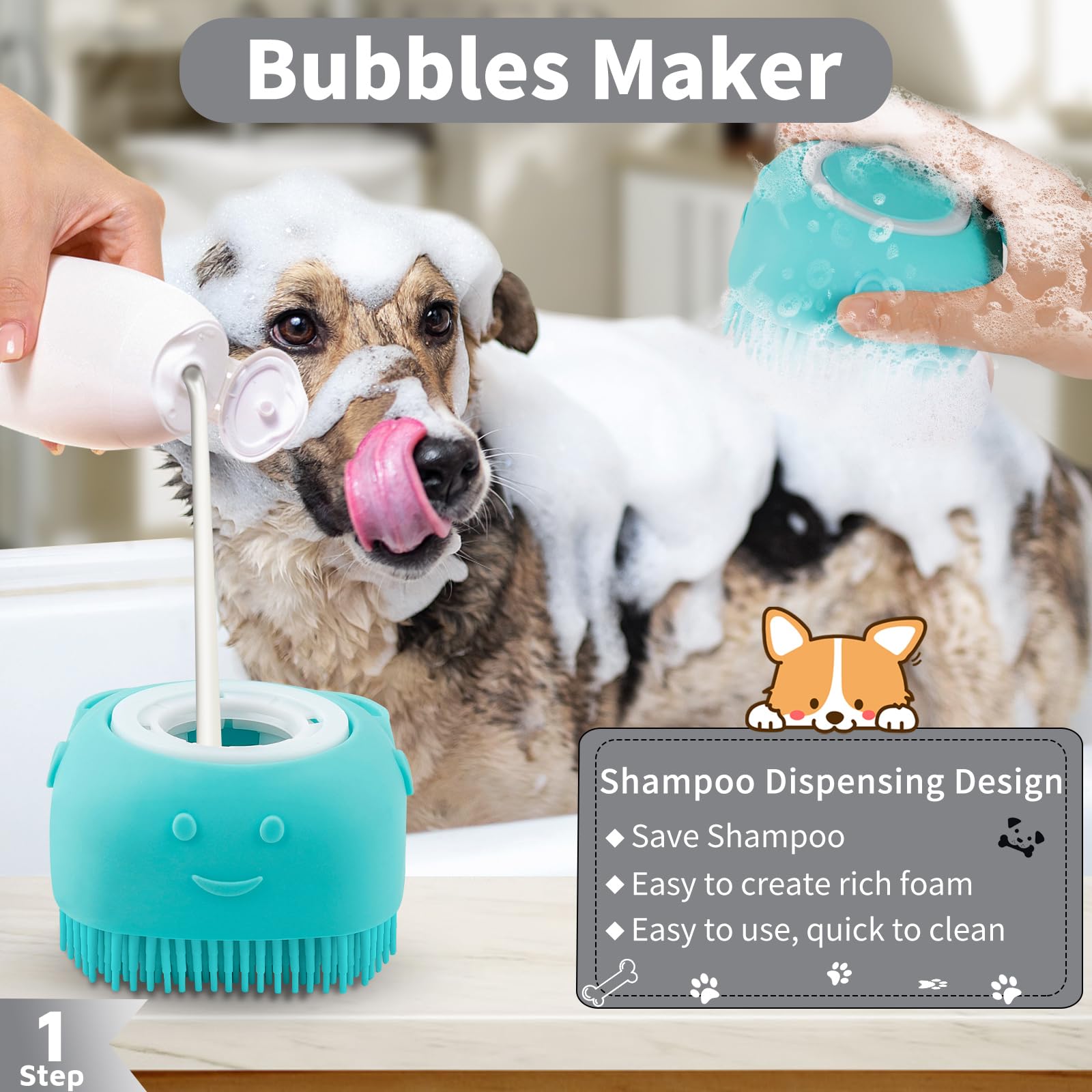 6PCS Dog Bath Brush & Dog Toothbrush | Adjustable Handle Shampoo Brush & Scrubber for Short & Long Haired Dogs & Cats | Effectively Solve Odor & Stain Removal Problems (Blue Blue Blue.)
