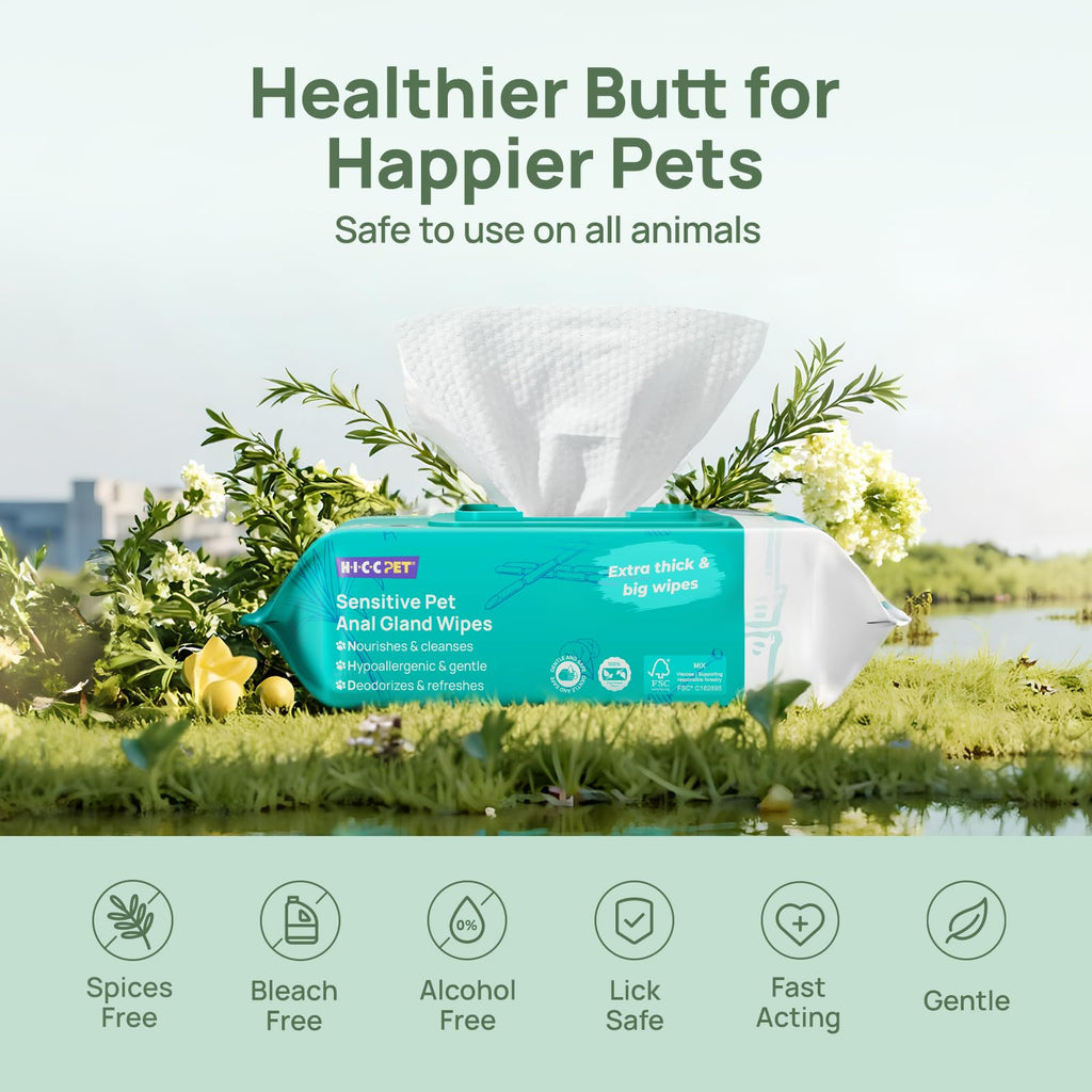 HICC PET Wipes for Dogs & Cats, Cleansing Deodorizing & Soothing Allergy Infections Anal Gland Pets Wipes with Coconut Oil - Dog Grooming Wipes for Butt and Paw - Hypoallergenic & Vet Recommended