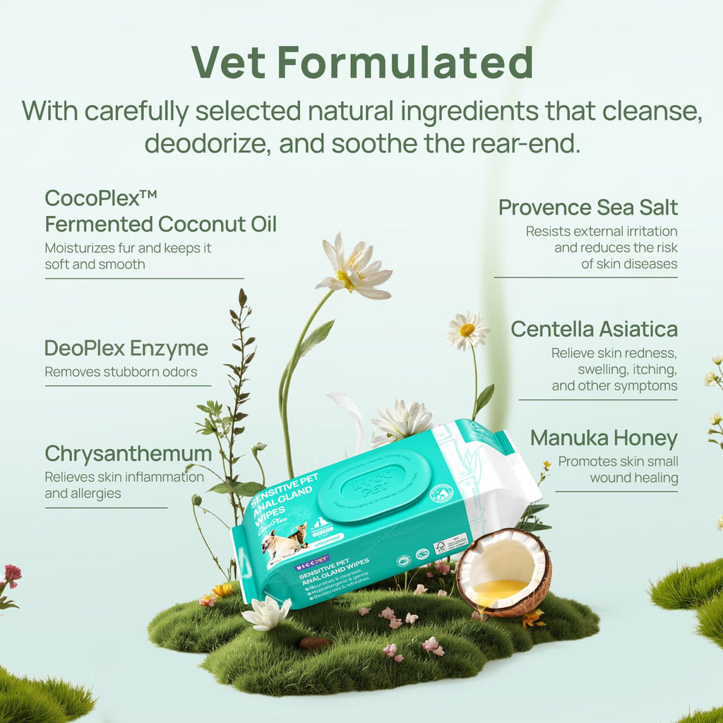 HICC PET Wipes for Dogs & Cats, Cleansing Deodorizing & Soothing Allergy Infections Anal Gland Pets Wipes with Coconut Oil - Dog Grooming Wipes for Butt and Paw - Hypoallergenic & Vet Recommended