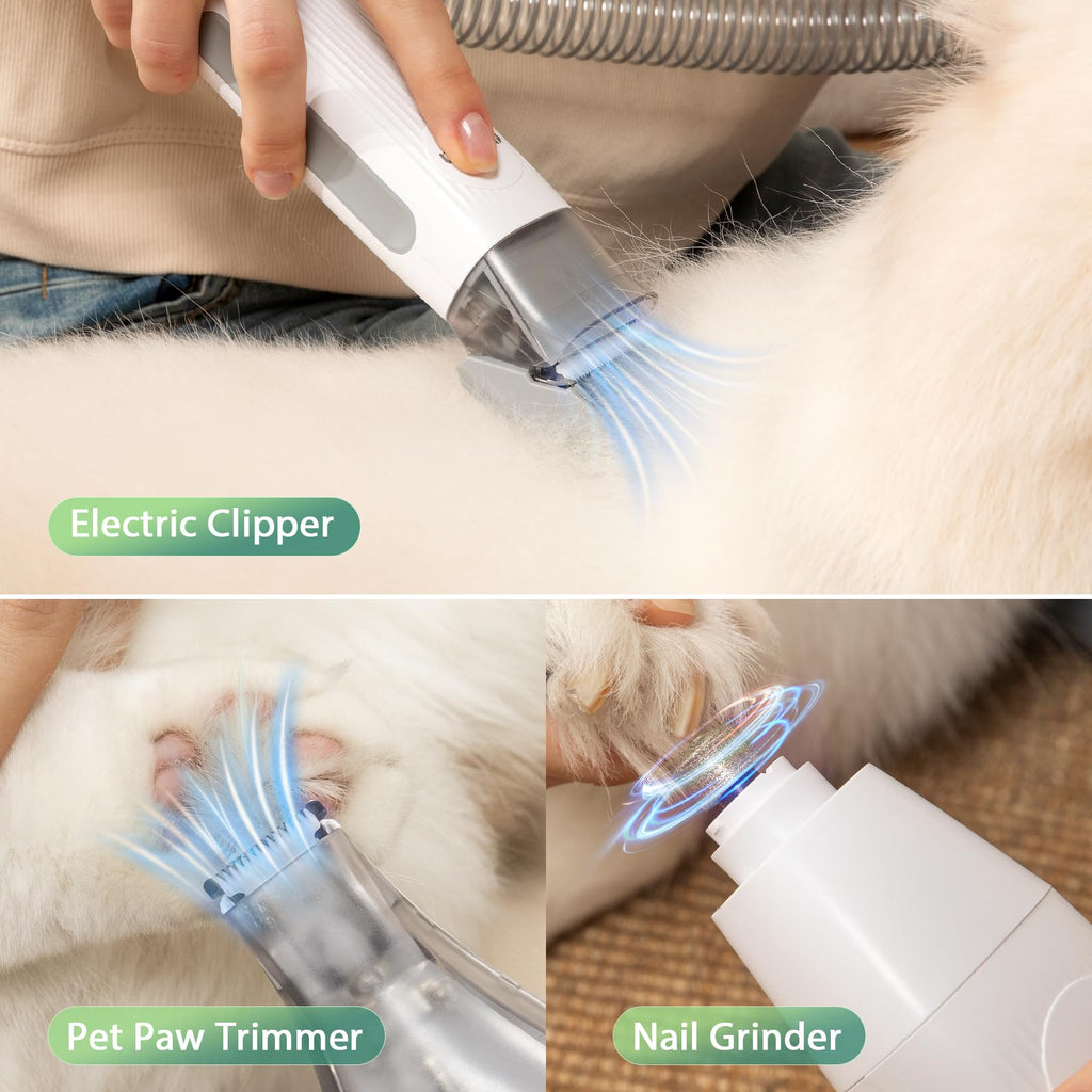 6-in-1 Dog Grooming Kit, Pet Grooming Vacuum for Shedding, Dog Hair Vacuum with Clipper Nail Trimmer Grinder, Pet Brush Groomer at Home, Low Noise Cats Hair Remover, 1.5L Dust Cup, White