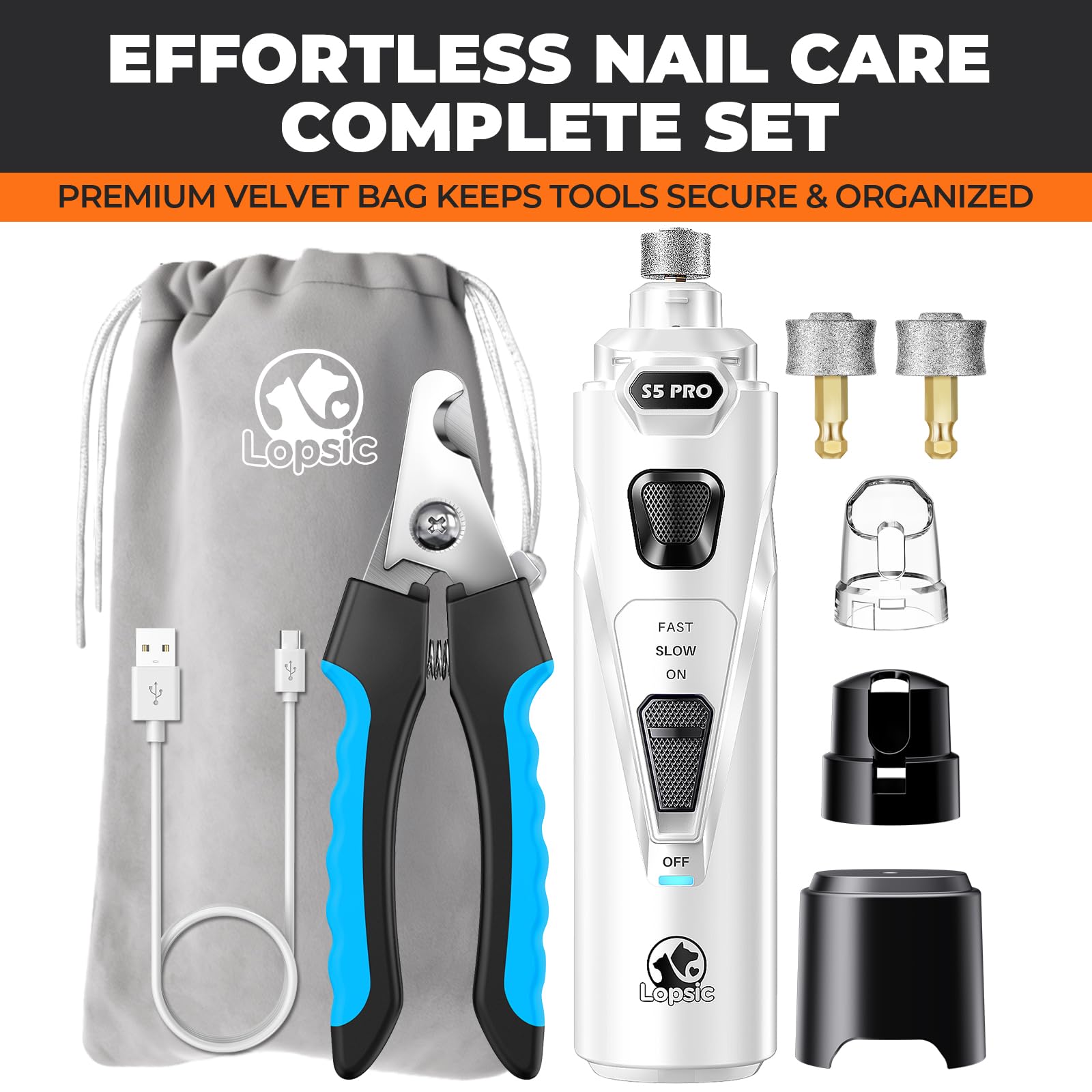 Dog Nail Grinder with 2 LED Lights Powerful 2 Speeds Super Quiet Dog Nail Trimmers with 3 Grinding Wheels Rechargeable Pet Dog Nail Clippers for Large Medium Puppy Dogs Dog Nail File Cat Nail Clipper