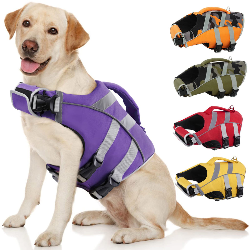 Dog Life Jacket with Reflective Stripes - Adjustable High Visibility Vest, Ripstop Lifesaver, Pet Preserver with High Flotation Swimsuit