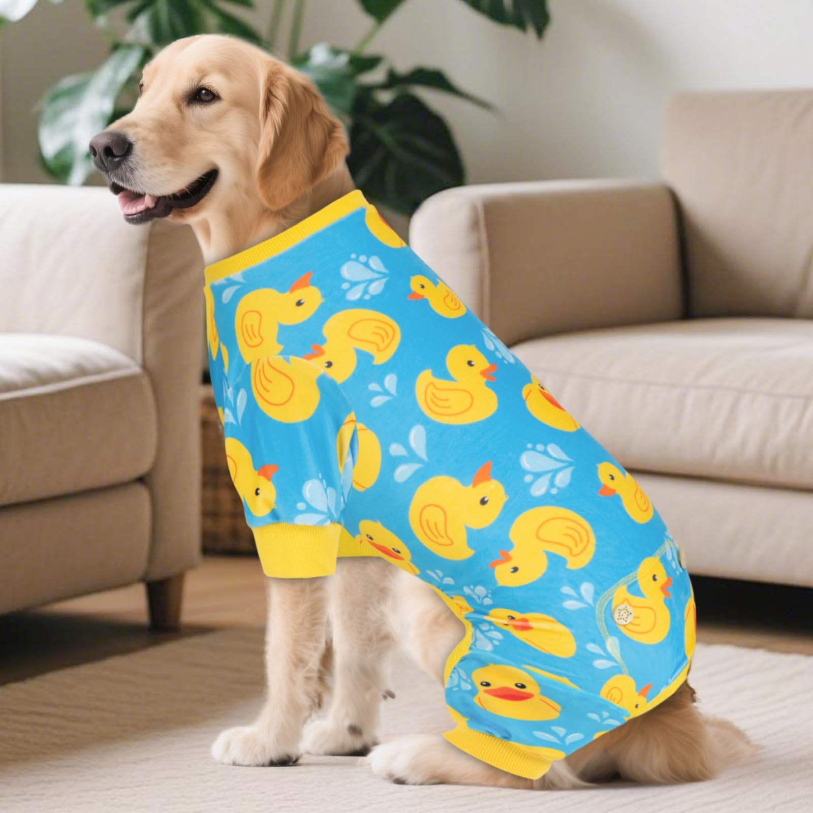 Dog Pajamas Velvet Dog Pajamas Large Sized Dogs Soft Dogs Clothes Pjs with Yellow Ducks Pattern Stretchy Pet Jammies Coat Comfy Pet Onesie Costume