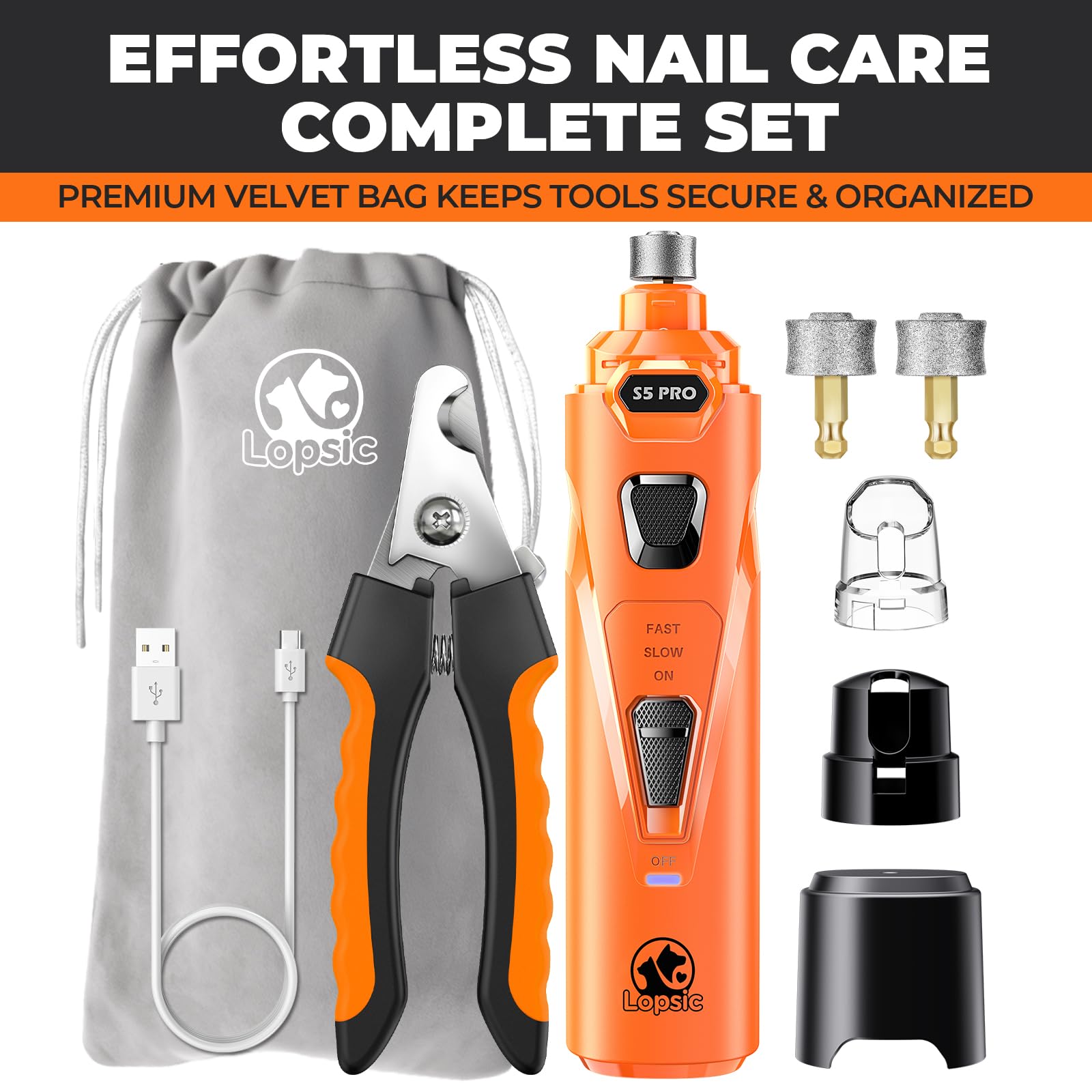 Dog Nail Grinder with 2 LED Lights Powerful 2 Speeds Super Quiet Dog Nail Trimmers with 3 Grinding Wheels Rechargeable Pet Dog Nail Clippers for Large Medium Puppy Dogs Dog Nail File Cat Nail Clipper