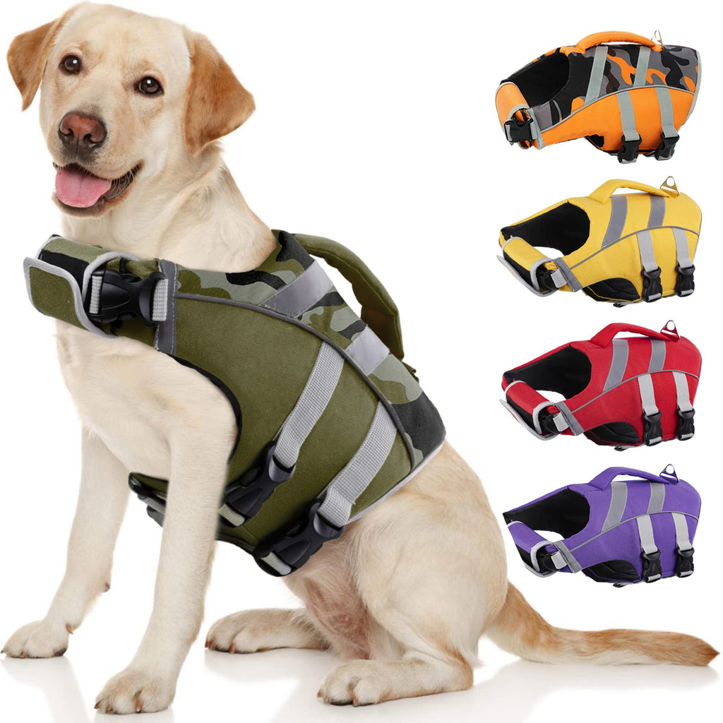 Dog Life Jacket with Reflective Stripes - Adjustable High Visibility Vest, Ripstop Lifesaver, Pet Preserver with High Flotation Swimsuit