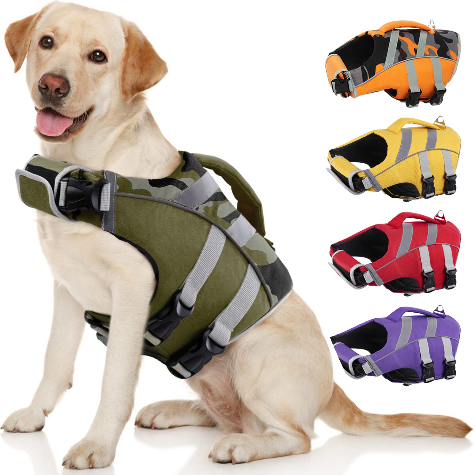 Dog Life Jacket with Reflective Stripes - Adjustable High Visibility Vest, Ripstop Lifesaver, Pet Preserver with High Flotation Swimsuit