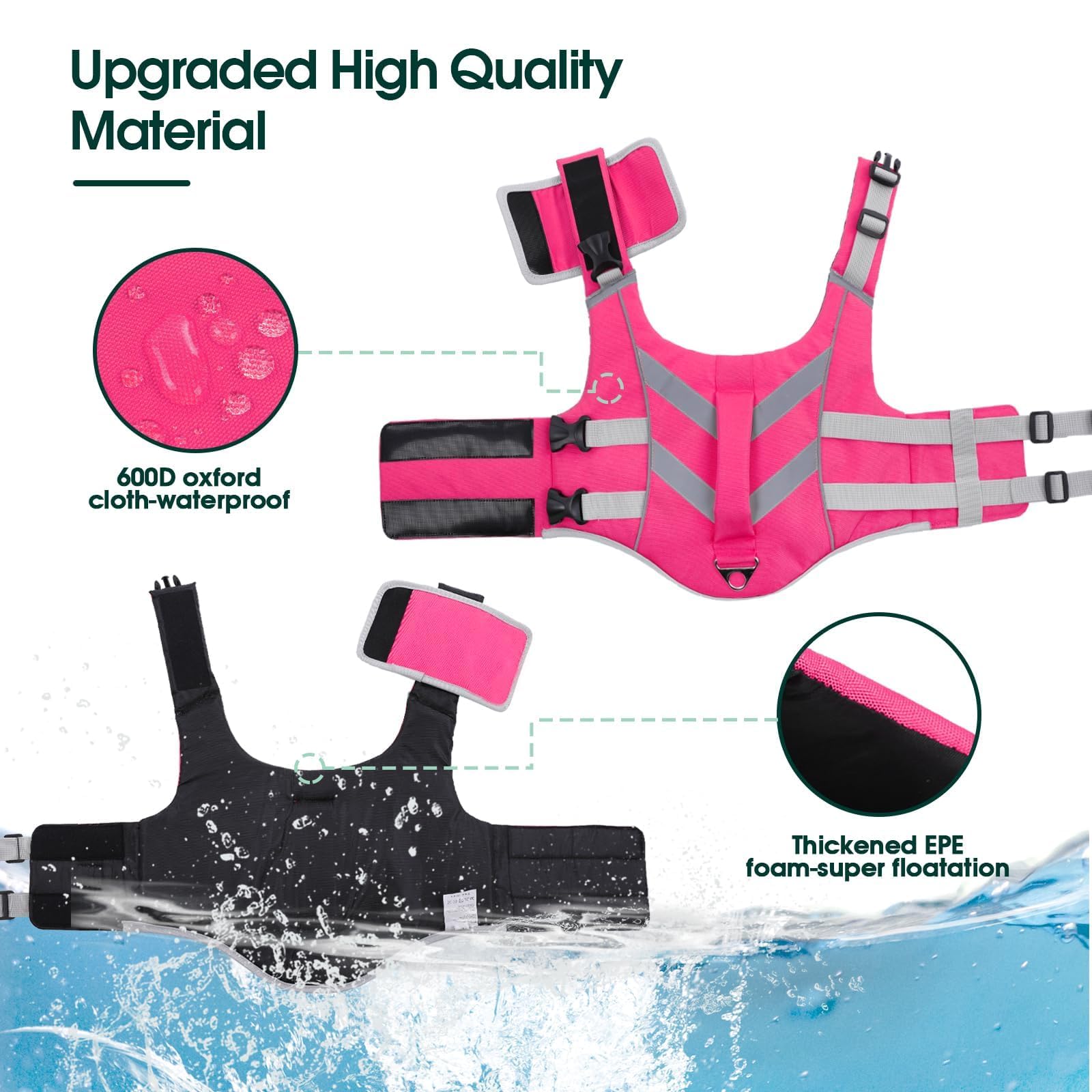 Dog Life Jacket with Reflective Stripes - Adjustable High Visibility Vest, Ripstop Lifesaver, Pet Preserver with High Flotation Swimsuit