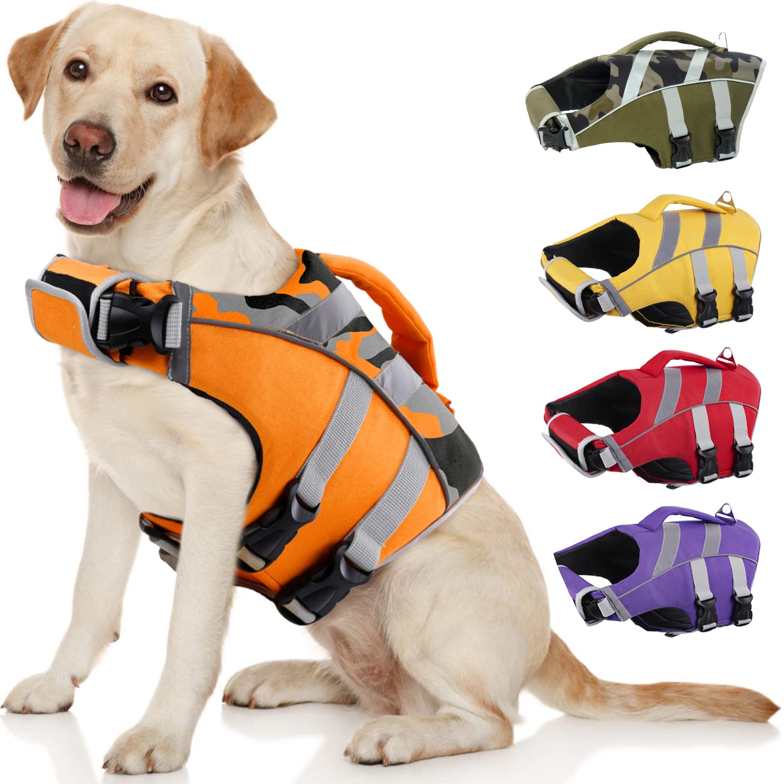 Dog Life Jacket with Reflective Stripes - Adjustable High Visibility Vest, Ripstop Lifesaver, Pet Preserver with High Flotation Swimsuit