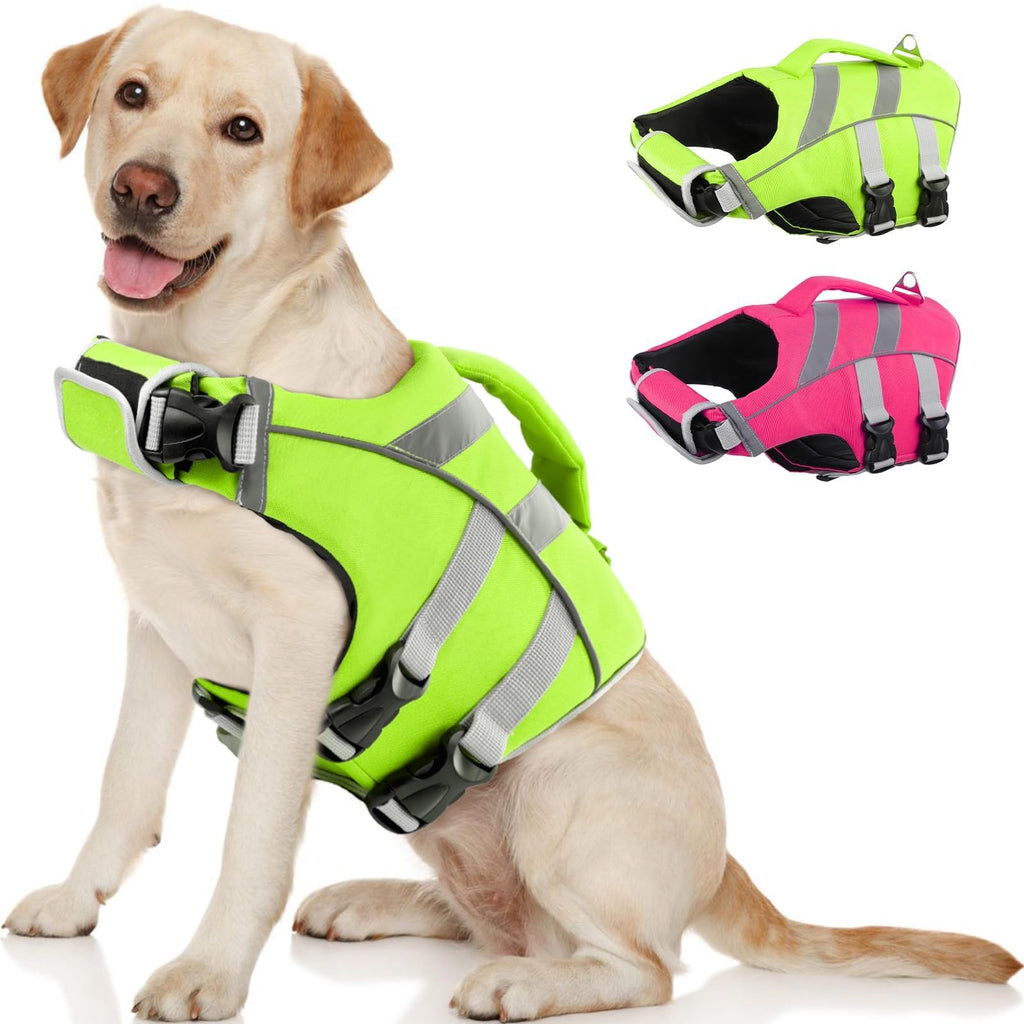 Dog Life Jacket with Reflective Stripes - Adjustable High Visibility Vest, Ripstop Lifesaver, Pet Preserver with High Flotation Swimsuit