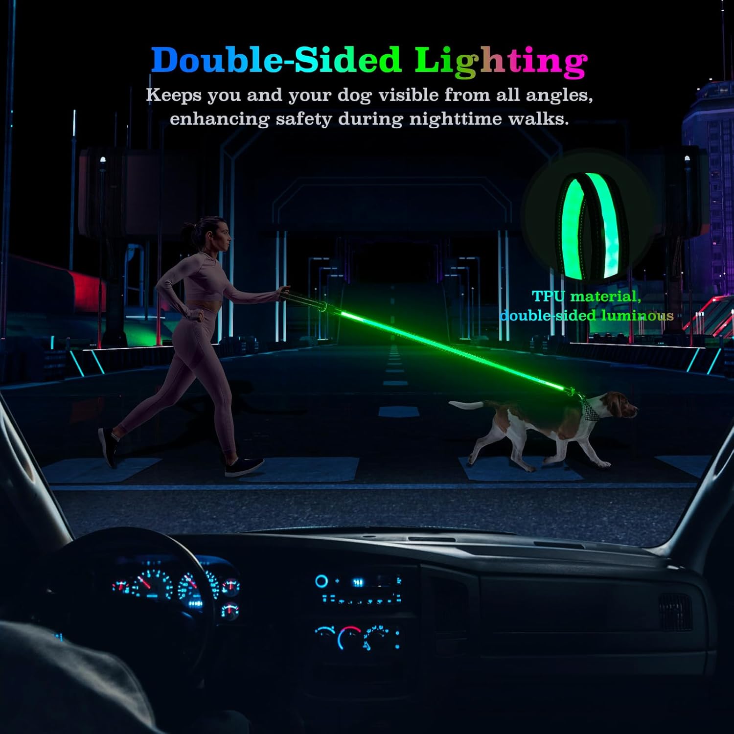 4 Ft LED Dog Leash, Light Up & Lighted Dog Leash, 7 Lighting Modes, Glow in The Dark, Reflective, Double-Sided Light, Rechargeable with Padded Handle for Night Walking Safety, Small to Large Pets