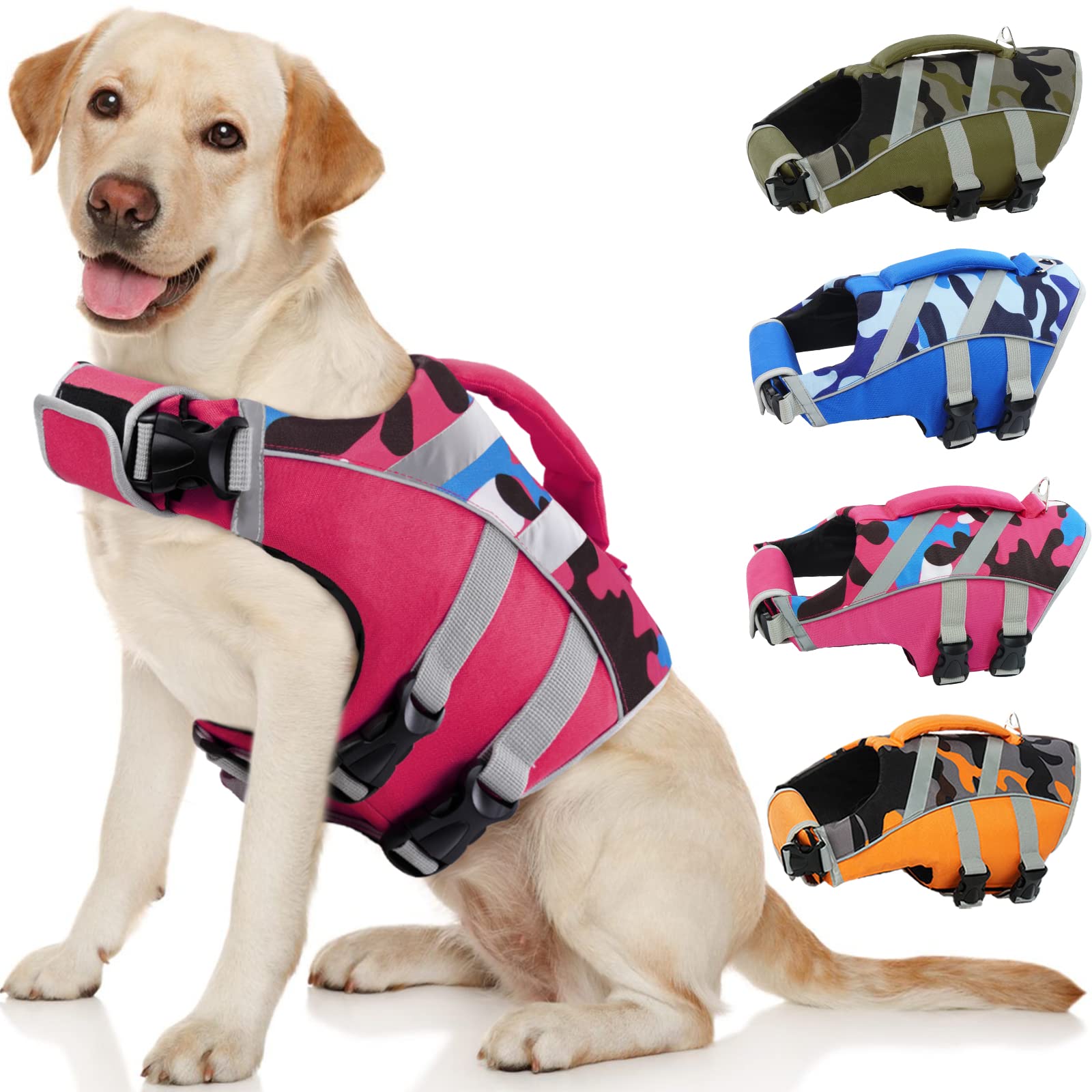 Dog Life Jacket with Reflective Stripes - Adjustable High Visibility Vest, Ripstop Lifesaver, Pet Preserver with High Flotation Swimsuit