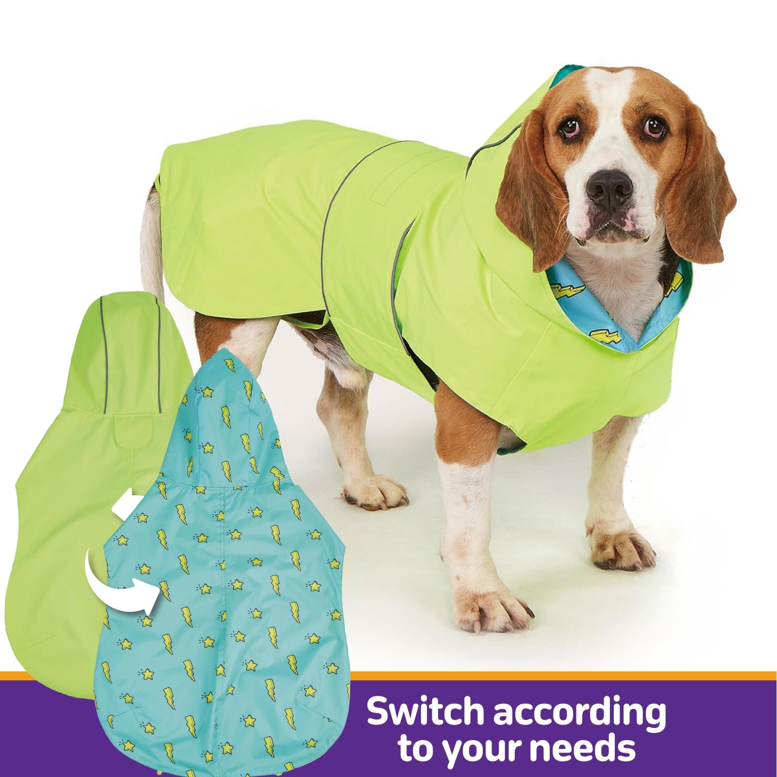 Dog Raincoat Reversible, Single Side Slicker Poncho Adjustable Waterproof Dog Rain Jacket with Leash Hole/Reflective Stripe Hooded Snowproof Windproof Clothes.