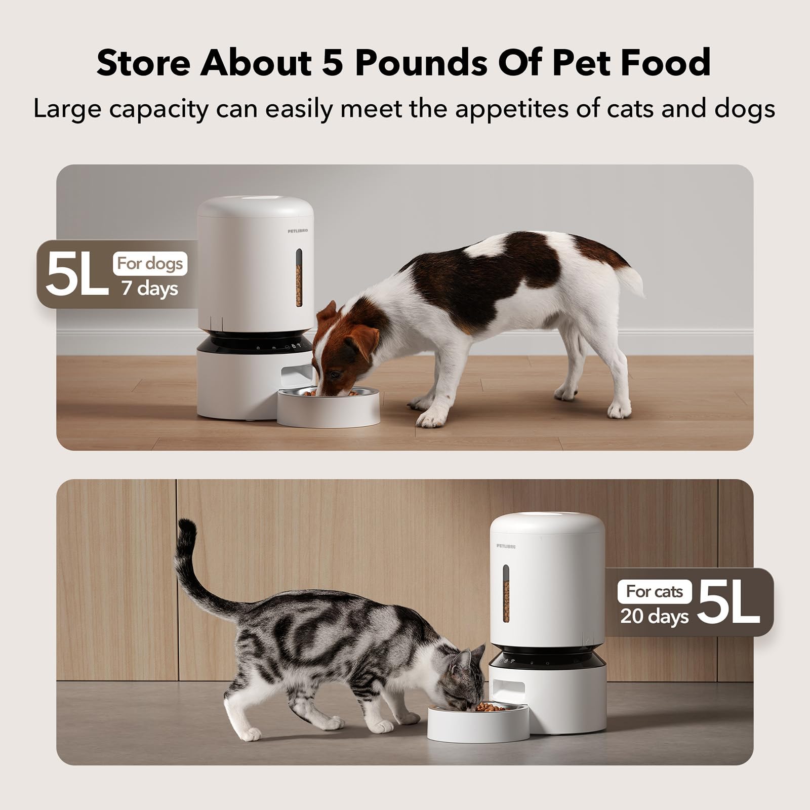 Automatic Dog or Cat Feeder, 5G WiFi Automatic Dog Food Dispenser with Freshness Preservation, 5L Timed Pet Feeder with Low Food Sensor, Up to 10 Meals Per Day,