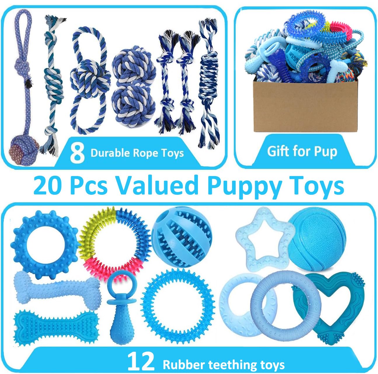 20 Pack Puppy Chew Toys - Blue Dog Teething Toys for Puppies, Puppy Teething Rings and Ropes, Blue Rubber Toy Bundle for Small Dogs, Cute Interactive Dog Balls for Small Breed