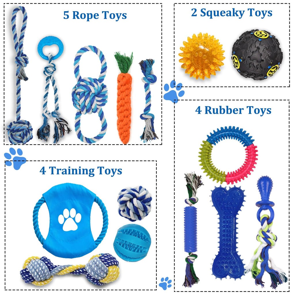 Dog Toys 15 Pack for Teeth Cleaning and Fun, Puppy Teething Chew Toys Interactive Rope Squeaky Treat Balls & Rubber Tous Bulk– Variety Dog Gifts Set Reduce Anxiety & Save Furniture