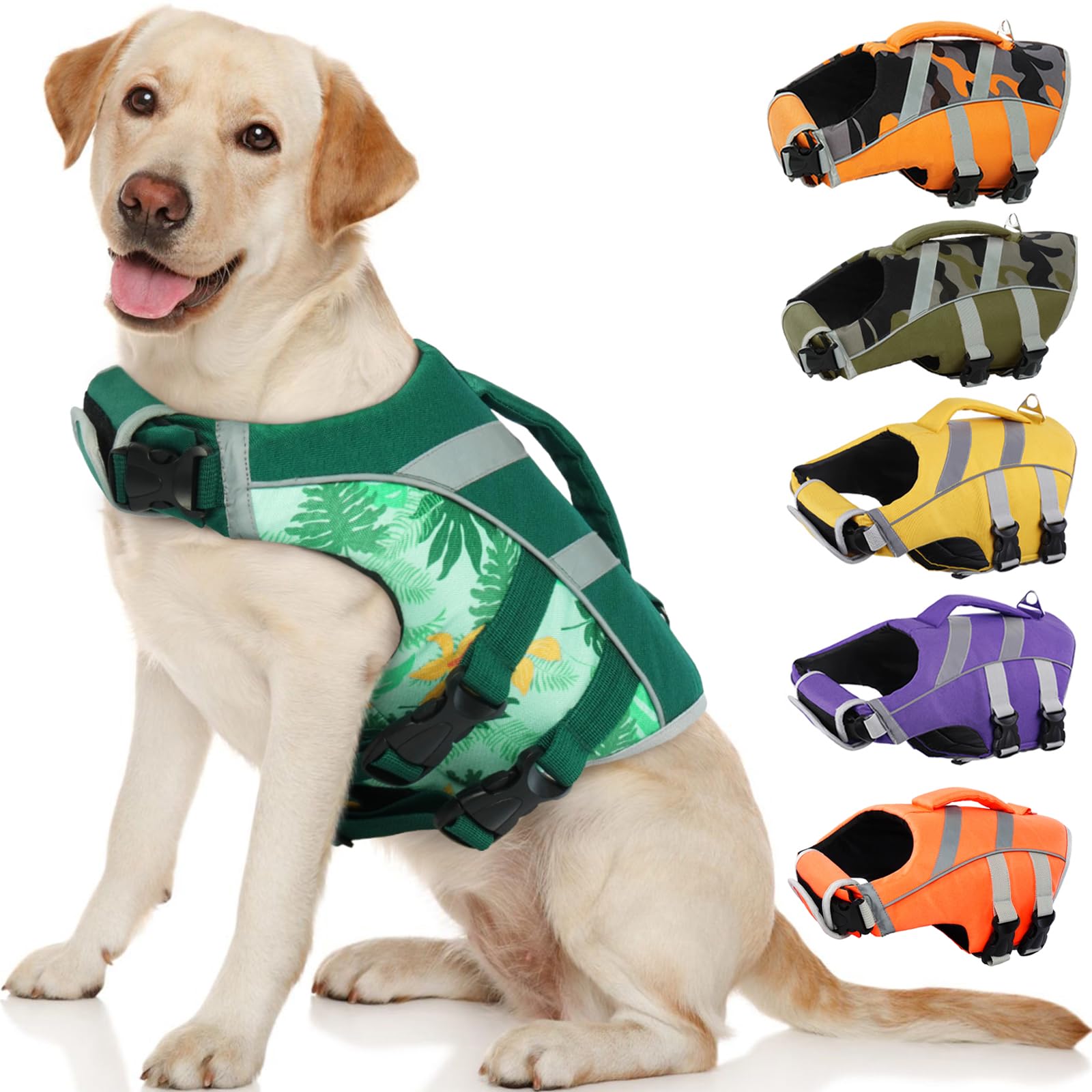 Dog Life Jacket with Reflective Stripes - Adjustable High Visibility Vest, Ripstop Lifesaver, Pet Preserver with High Flotation Swimsuit