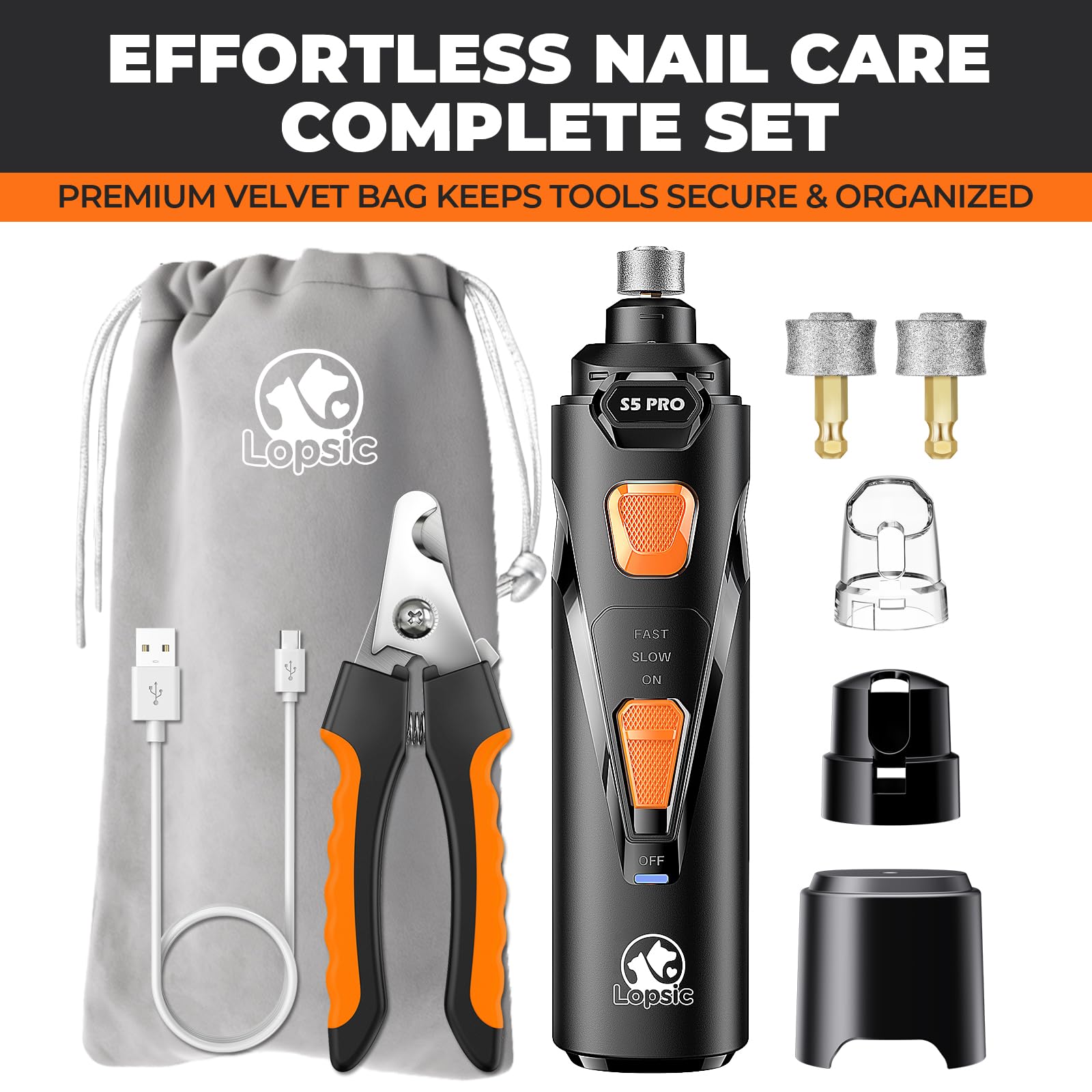 Dog Nail Grinder with 2 LED Lights Powerful 2 Speeds Super Quiet Dog Nail Trimmers with 3 Grinding Wheels Rechargeable Pet Dog Nail Clippers for Large Medium Puppy Dogs Dog Nail File Cat Nail Clipper