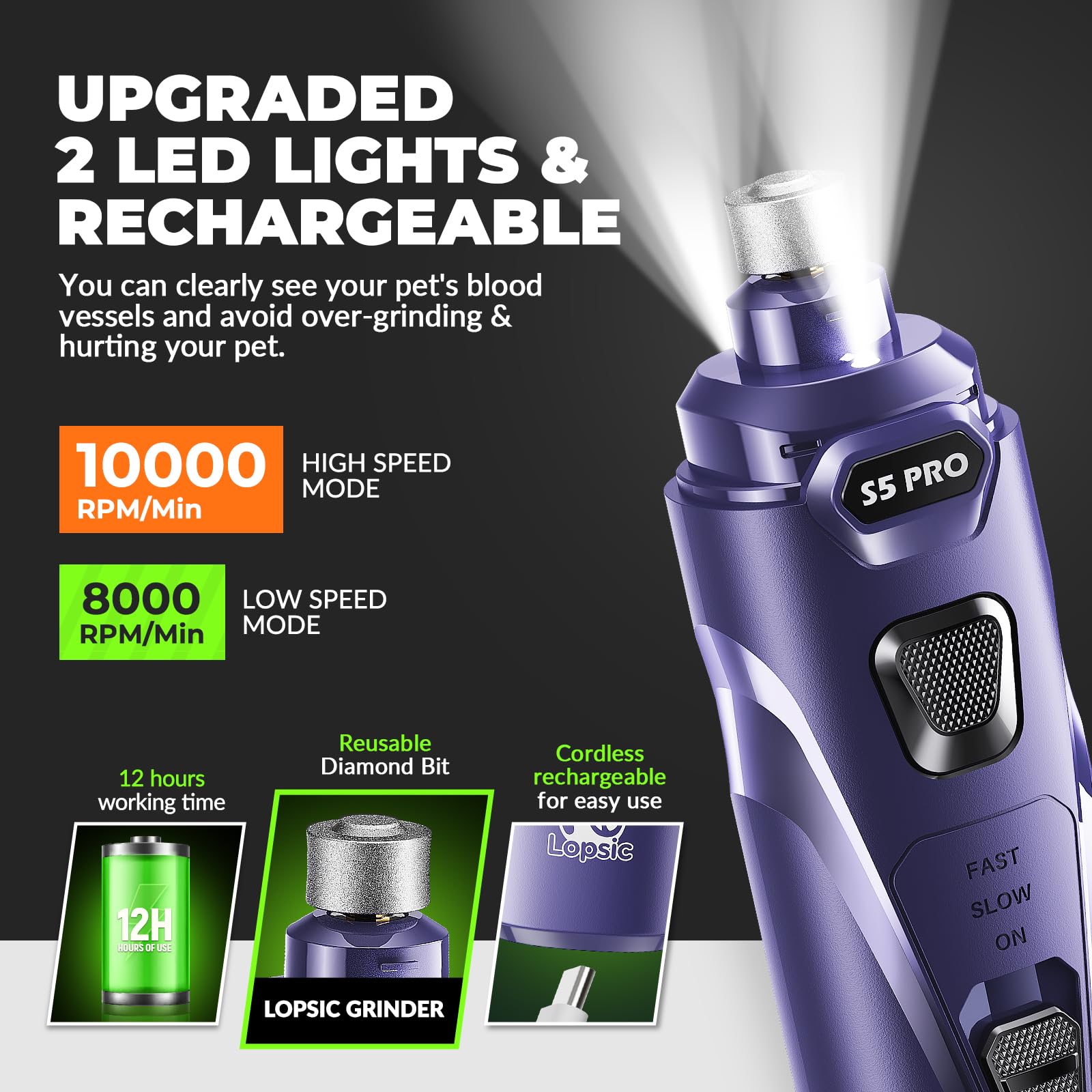 Dog Nail Grinder with 2 LED Lights Powerful 2 Speeds Super Quiet Dog Nail Trimmers with 3 Grinding Wheels Rechargeable Pet Dog Nail Clippers for Large Medium Puppy Dogs Dog Nail File Cat Nail Clipper