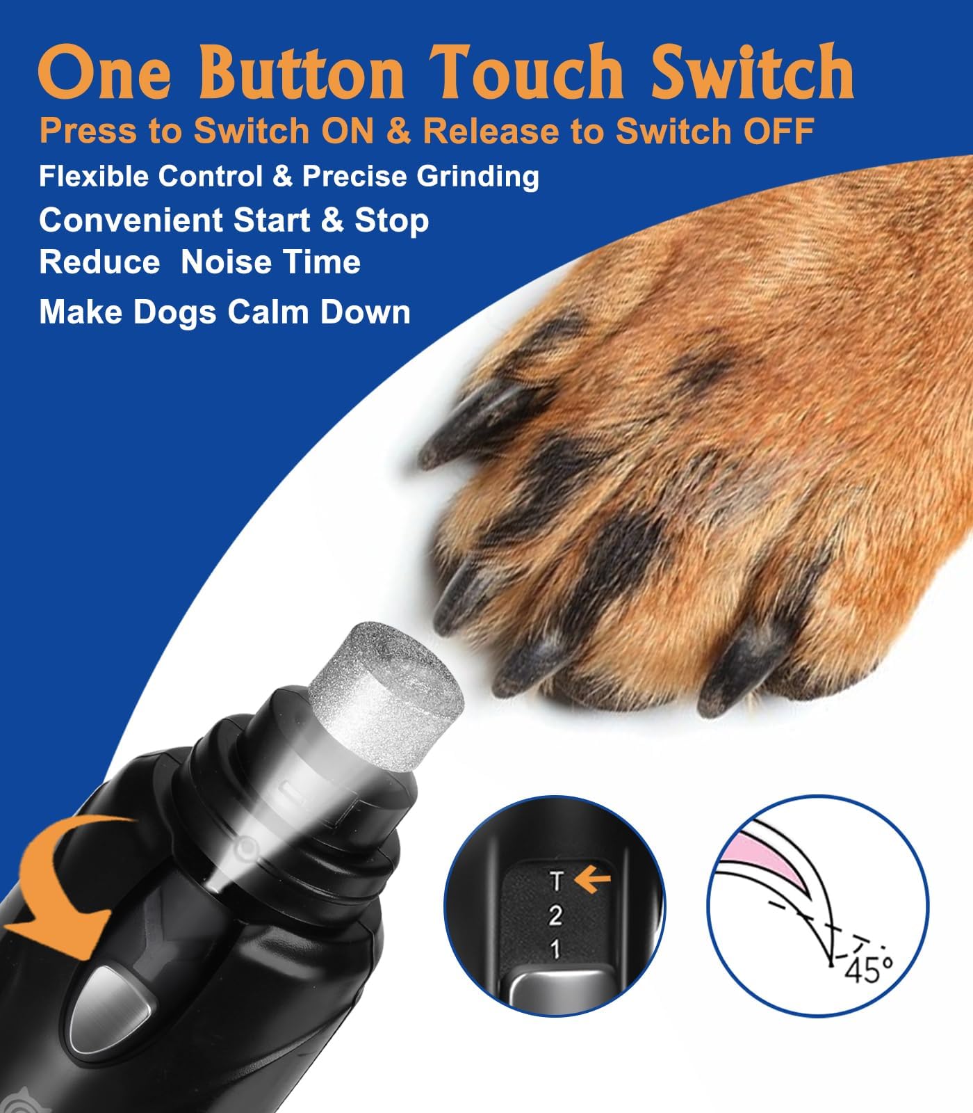 Dog Nail Grinder, 2-Speed and LED Light, Touch-Switch, TypeC, Quiet and Low-Vibration Dog Nail Trimmers, and 3 Ports for Large Dogs, Medium, Small Dogs Cats Pets with Hard or Thick Nail