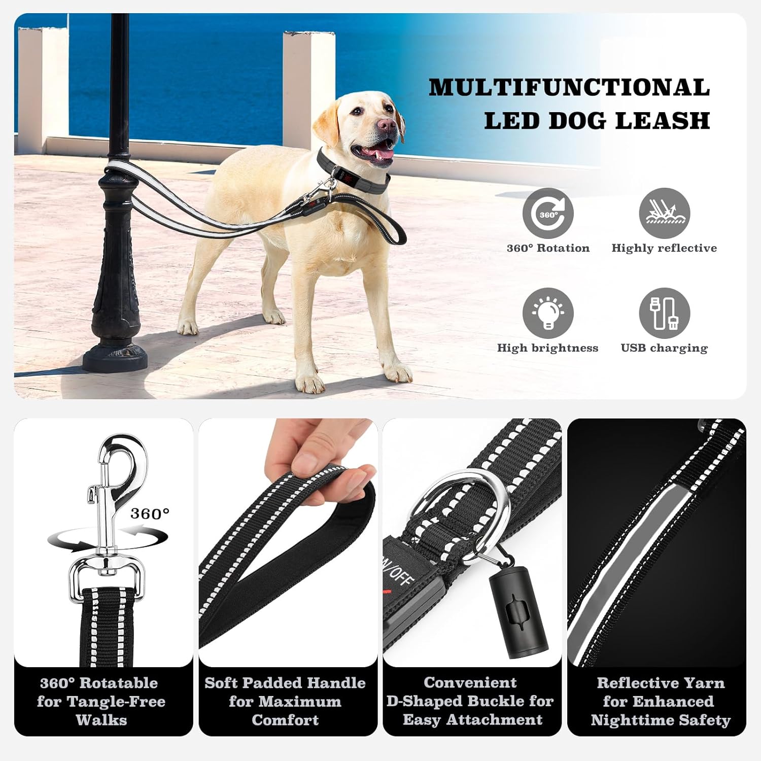 4 Ft LED Dog Leash, Light Up & Lighted Dog Leash, 7 Lighting Modes, Glow in The Dark, Reflective, Double-Sided Light, Rechargeable with Padded Handle for Night Walking Safety, Small to Large Pets