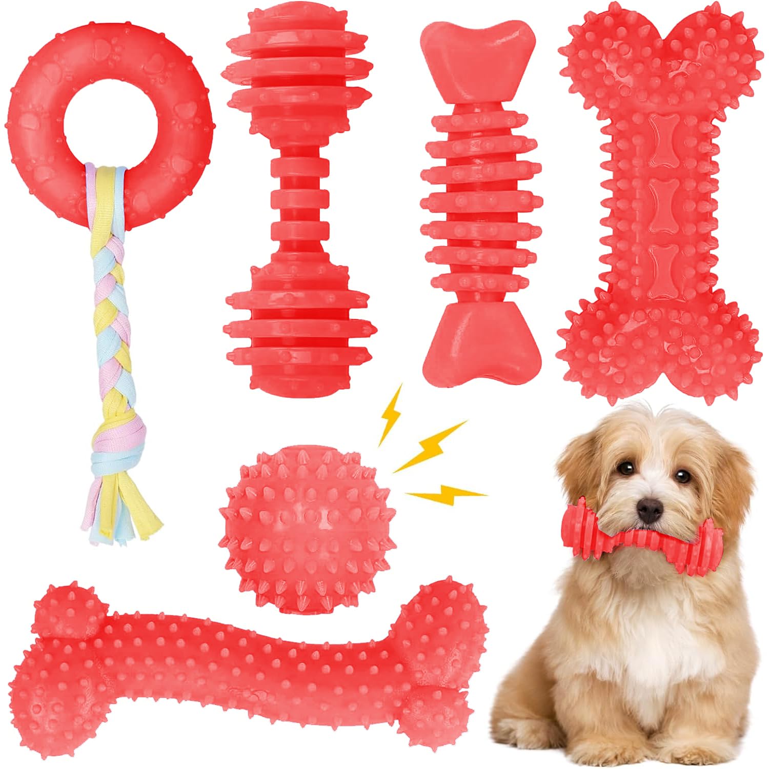 6 Pack Red Dog Chew Toys, Small Dog Teething Toys, Dental Health & Interactive Play
