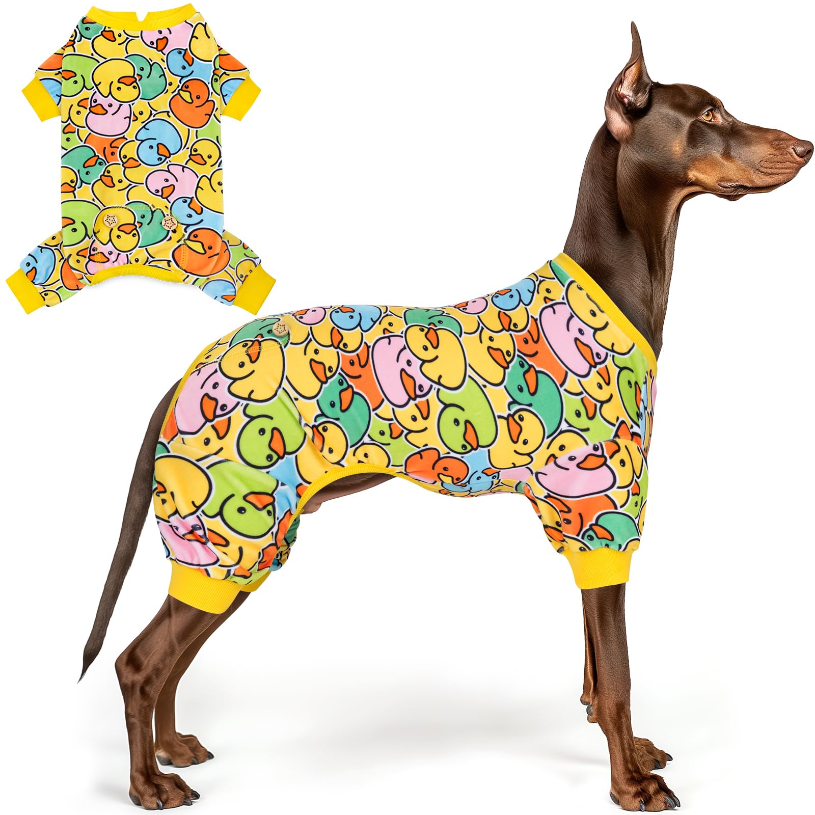 Dog Pajamas Velvet Dog Pajamas Large Sized Dogs Soft Dogs Clothes Pjs with Yellow Ducks Pattern Stretchy Pet Jammies Coat Comfy Pet Onesie Costume