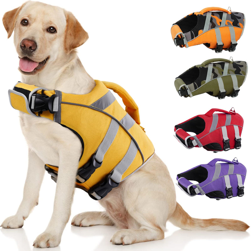 Dog Life Jacket with Reflective Stripes - Adjustable High Visibility Vest, Ripstop Lifesaver, Pet Preserver with High Flotation Swimsuit