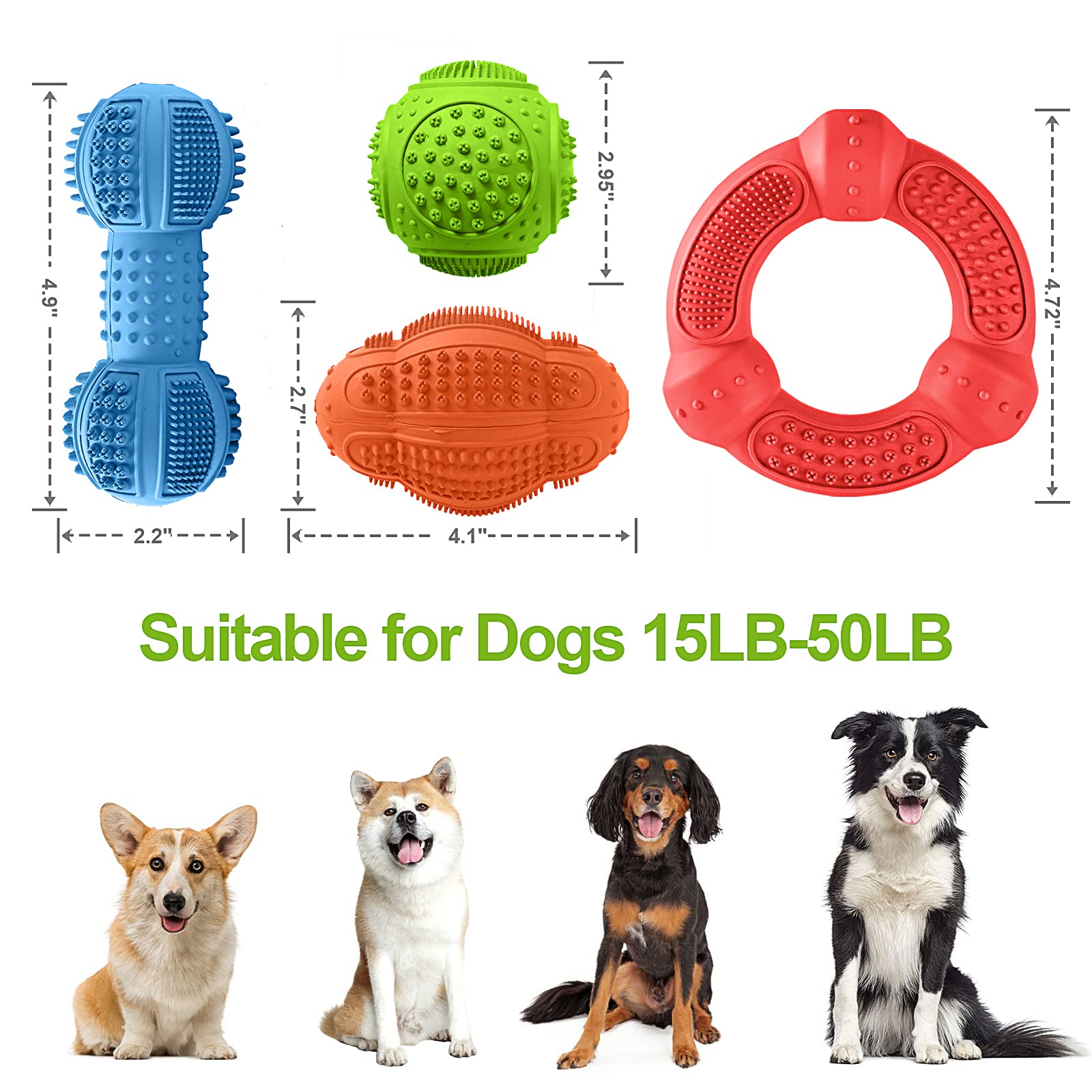 Dog Chew Toys 3 Pack for Aggressive Chewers, Multifunctional Teeth Cleaning and Gum Massage, Tough Toys with Natural Rubber for Large and Medium Dog