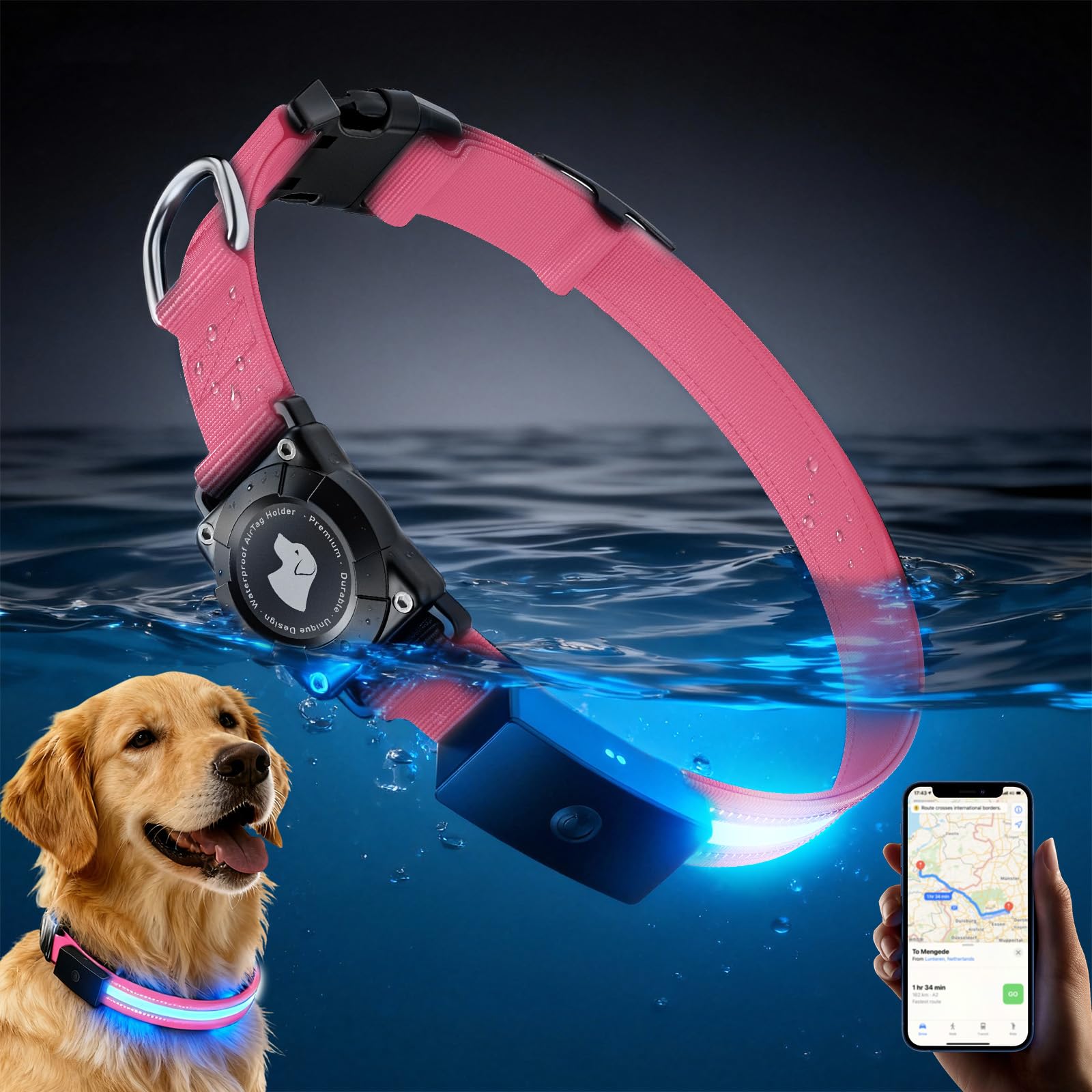 LED AirTag Dog Collar - Brightest Light Up Dog Collars - IP68 Waterproof Air Tag Dog Collar Holder - 1,600 Feet of High Visibility - Magnetic Charging - Dog Lights for Night Walking (Air Tag NOT Included)