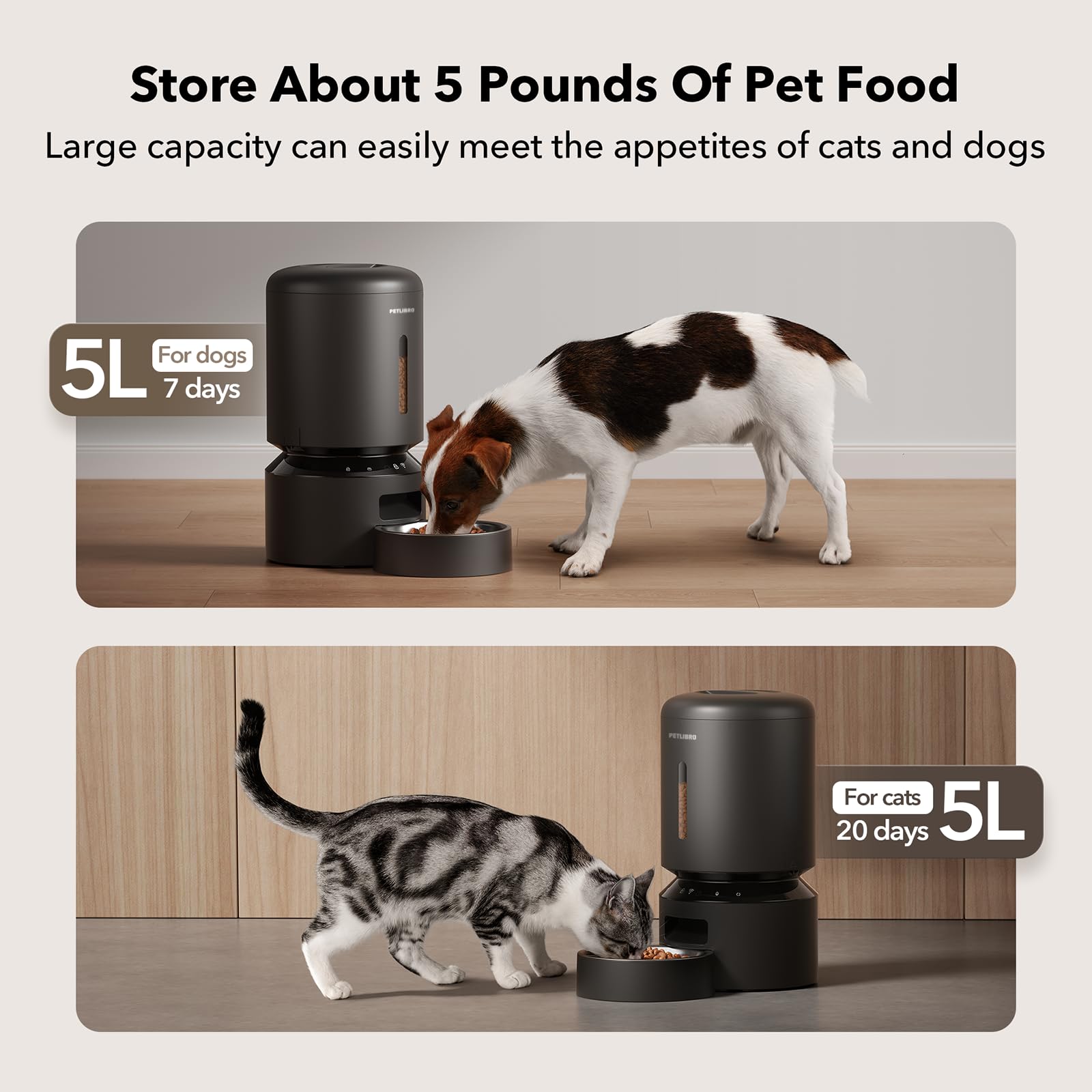 Automatic Dog or Cat Feeder, 5G WiFi Automatic Dog Food Dispenser with Freshness Preservation, 5L Timed Pet Feeder with Low Food Sensor, Up to 10 Meals Per Day,