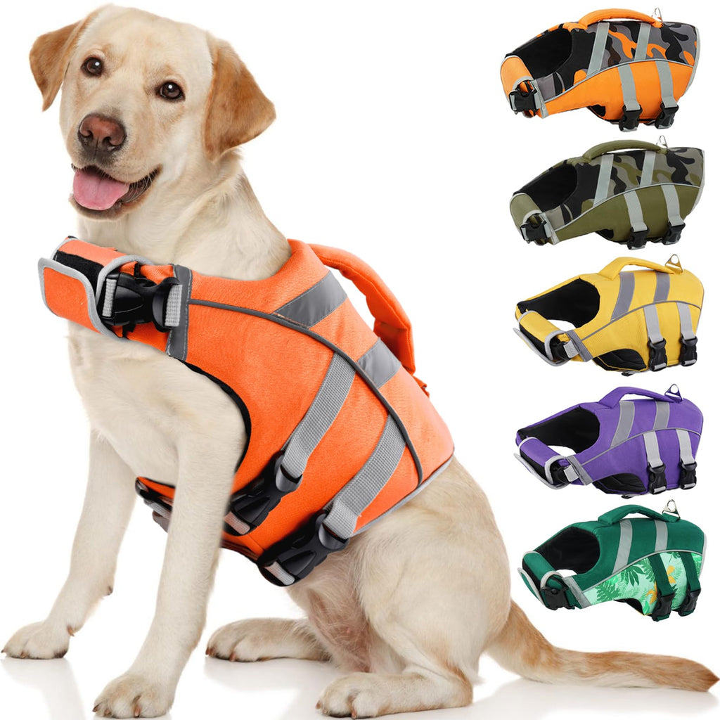 Dog Life Jacket with Reflective Stripes - Adjustable High Visibility Vest, Ripstop Lifesaver, Pet Preserver with High Flotation Swimsuit