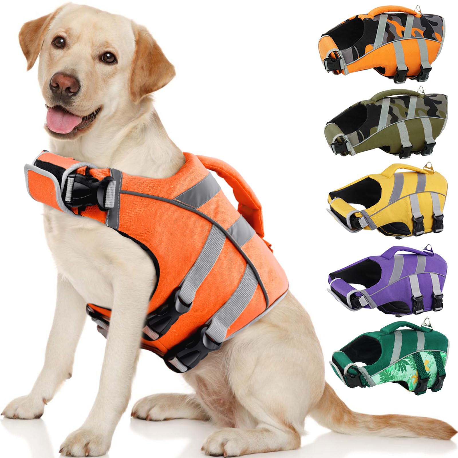 Dog Life Jacket with Reflective Stripes - Adjustable High Visibility Vest, Ripstop Lifesaver, Pet Preserver with High Flotation Swimsuit