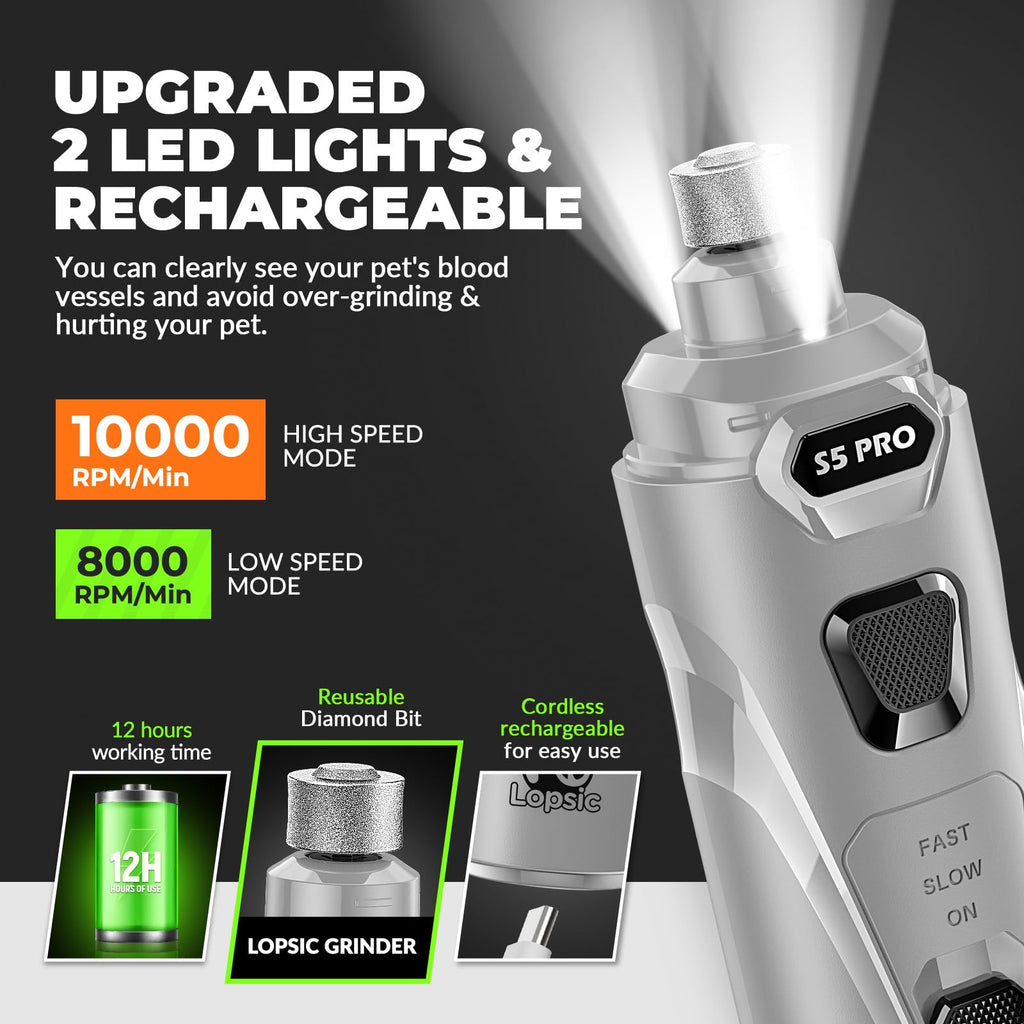 Dog Nail Grinder with 2 LED Lights Powerful 2 Speeds Super Quiet Dog Nail Trimmers with 3 Grinding Wheels Rechargeable Pet Dog Nail Clippers for Large Medium Puppy Dogs Dog Nail File Cat Nail Clipper