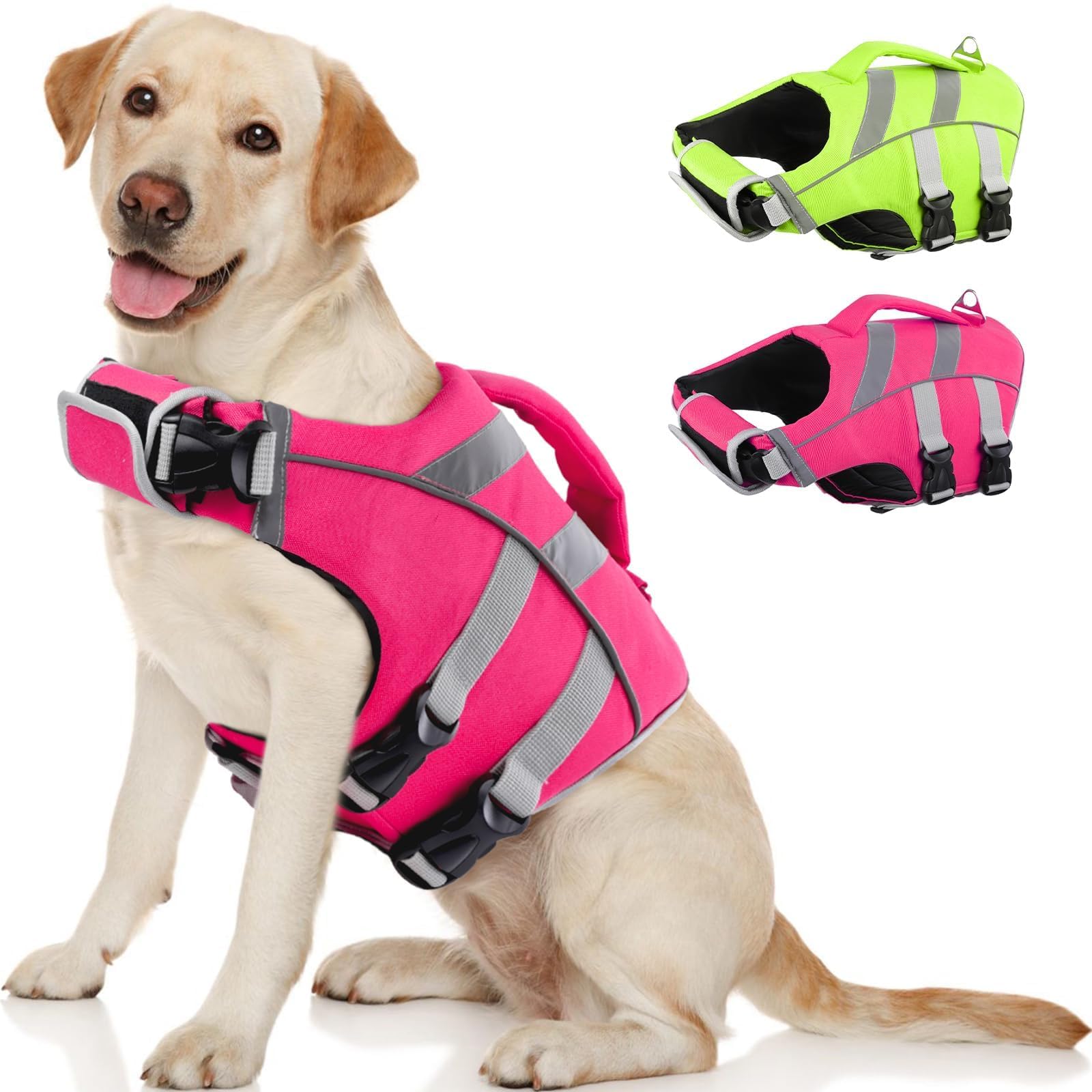 Dog Life Jacket with Reflective Stripes - Adjustable High Visibility Vest, Ripstop Lifesaver, Pet Preserver with High Flotation Swimsuit