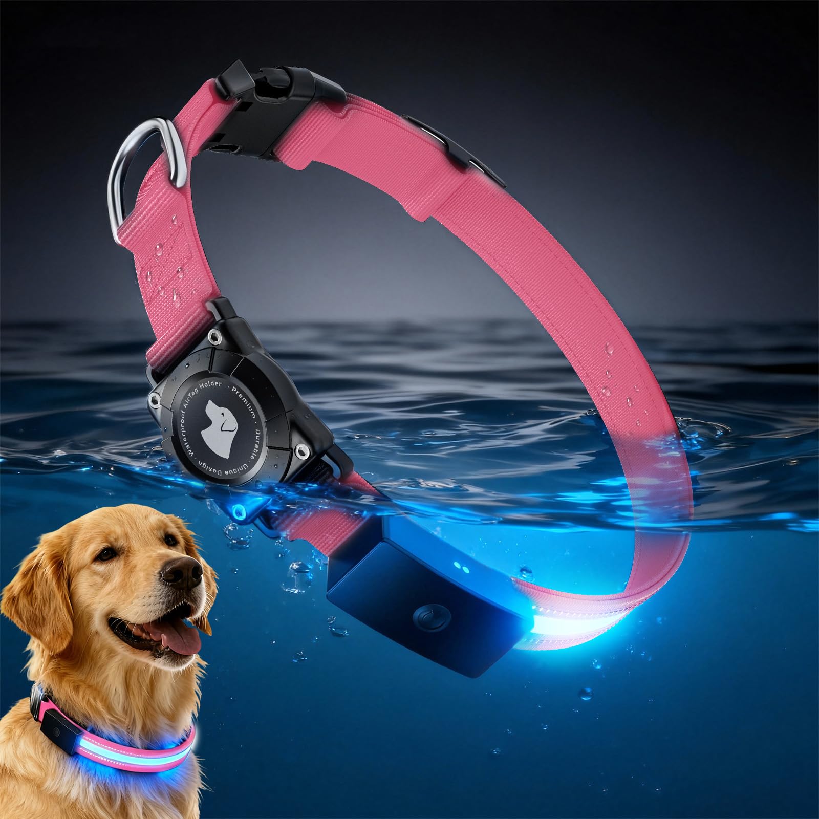 LED AirTag Dog Collar - Brightest Light Up Dog Collars - IP68 Waterproof Air Tag Dog Collar Holder - 1,600 Feet of High Visibility - Magnetic Charging - Dog Lights for Night Walking (Air Tag NOT Included)