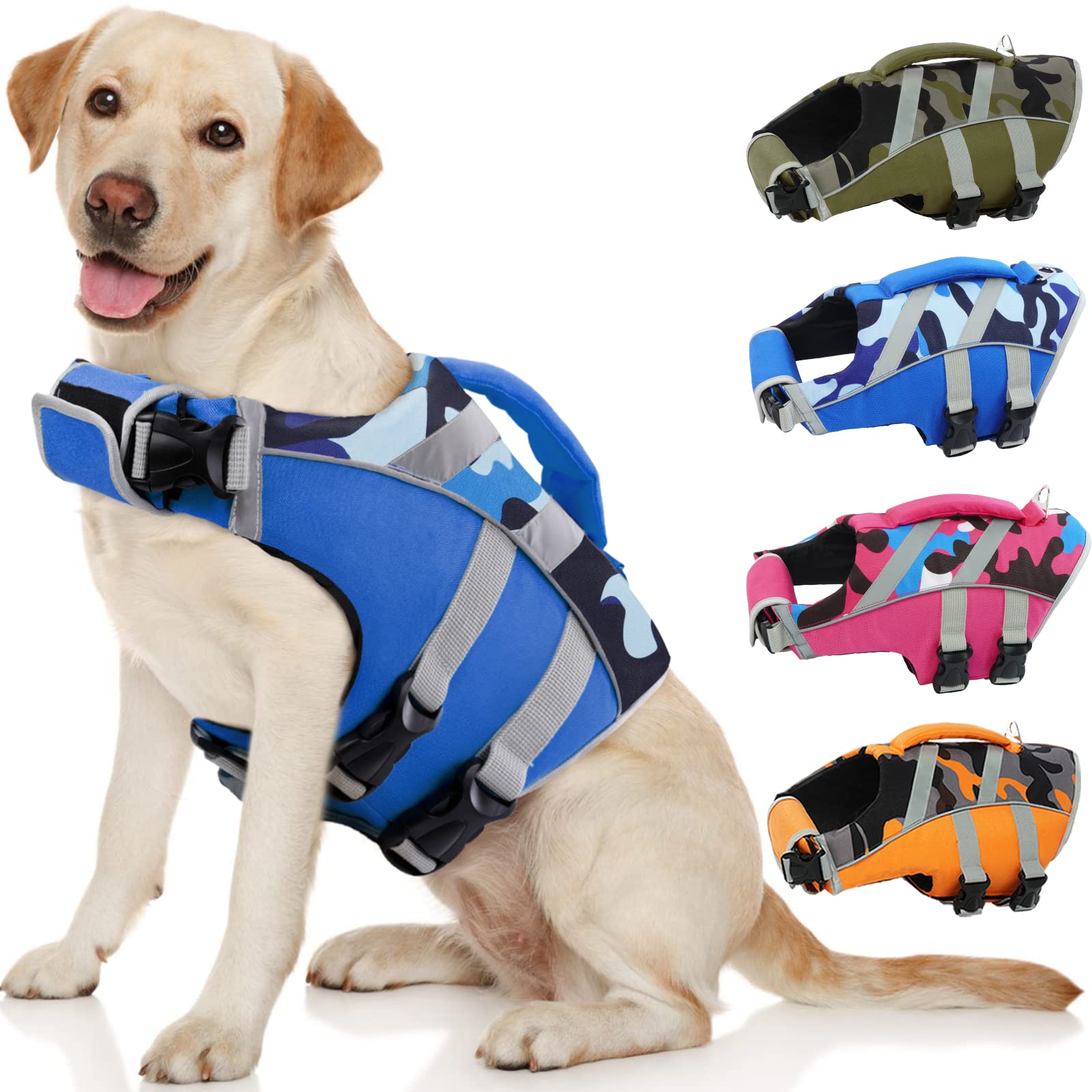 Dog Life Jacket with Reflective Stripes - Adjustable High Visibility Vest, Ripstop Lifesaver, Pet Preserver with High Flotation Swimsuit