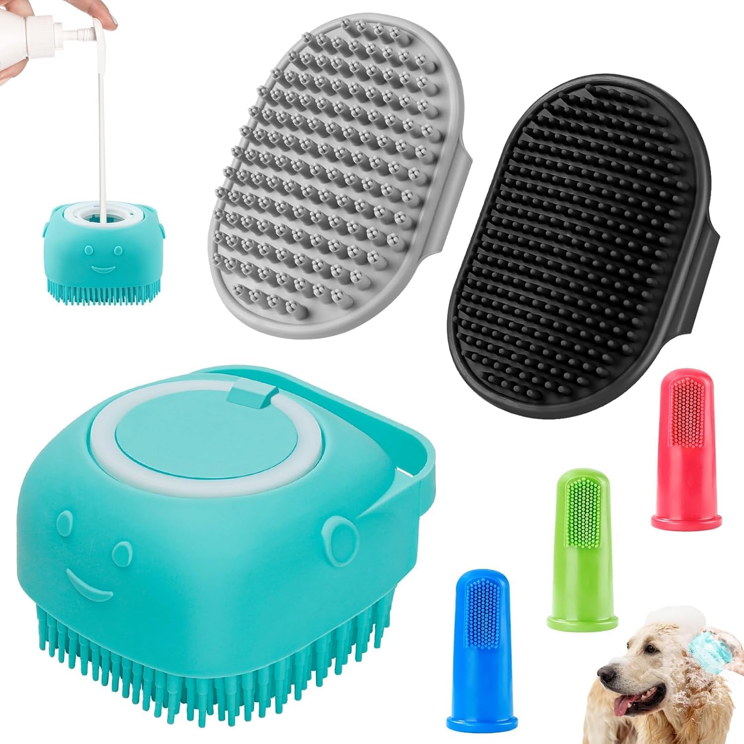 6PCS Dog Bath Brush & Dog Toothbrush | Adjustable Handle Shampoo Brush & Scrubber for Short & Long Haired Dogs & Cats | Effectively Solve Odor & Stain Removal Problems (Blue Blue Blue.)