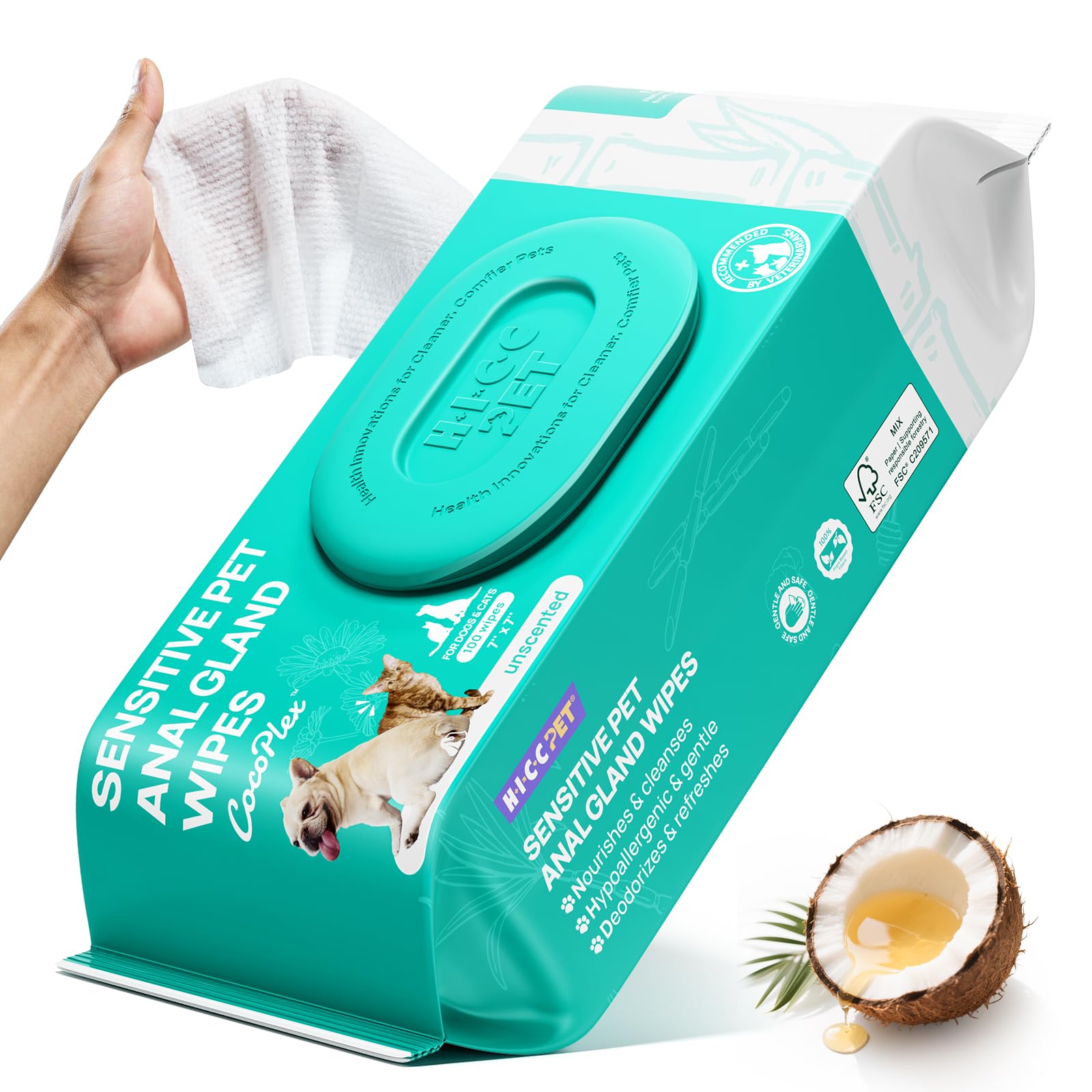 HICC PET Wipes for Dogs & Cats, Cleansing Deodorizing & Soothing Allergy Infections Anal Gland Pets Wipes with Coconut Oil - Dog Grooming Wipes for Butt and Paw - Hypoallergenic & Vet Recommended