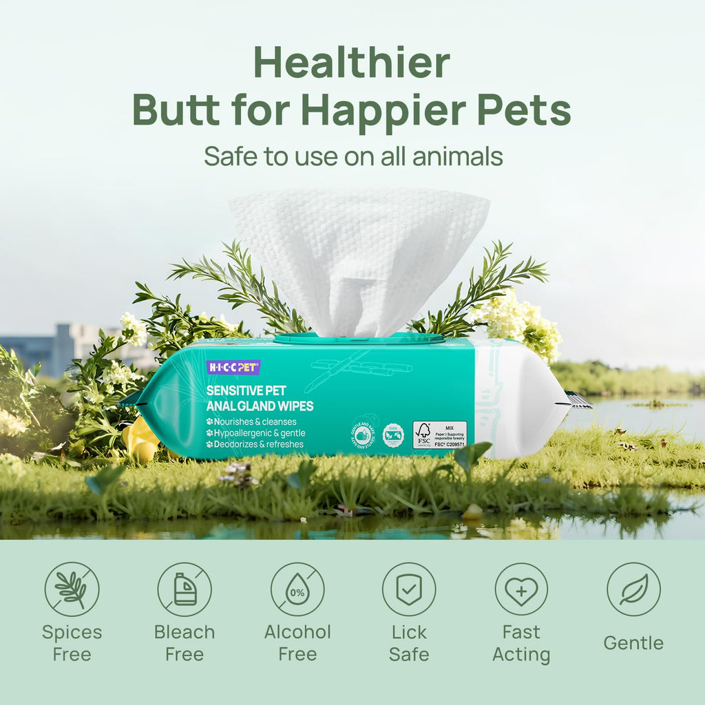 HICC PET Wipes for Dogs & Cats, Cleansing Deodorizing & Soothing Allergy Infections Anal Gland Pets Wipes with Coconut Oil - Dog Grooming Wipes for Butt and Paw - Hypoallergenic & Vet Recommended