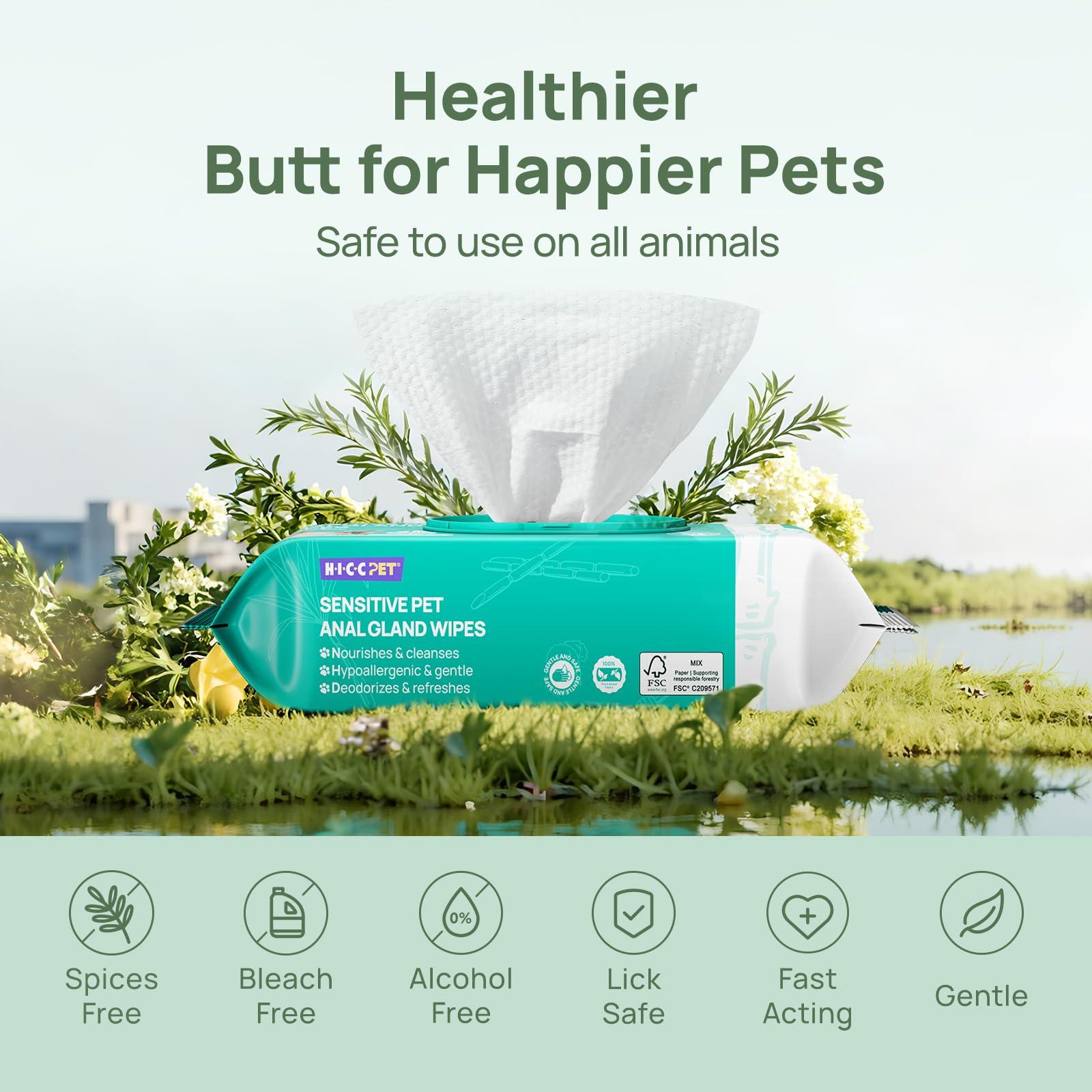 HICC PET Wipes for Dogs & Cats, Cleansing Deodorizing & Soothing Allergy Infections Anal Gland Pets Wipes with Coconut Oil - Dog Grooming Wipes for Butt and Paw - Hypoallergenic & Vet Recommended