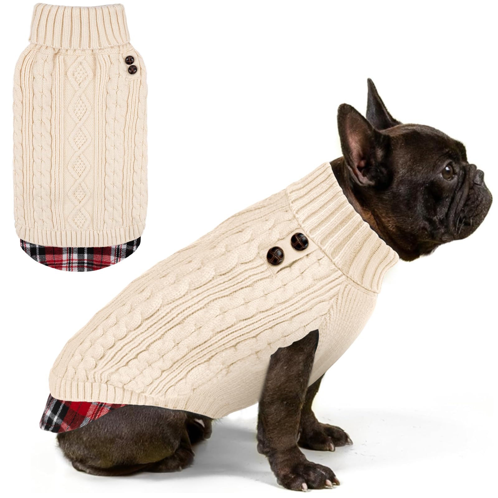 Premium Dog Sweater Soft Pullover Dog Sweaters for Small Dogs Male Stretchy Knitwear Cat Clothes Warm Turtleneck Small Dogs Sweater with Gingham Patchwork Comfy Pet Coat for Fall Winter Cold Weather