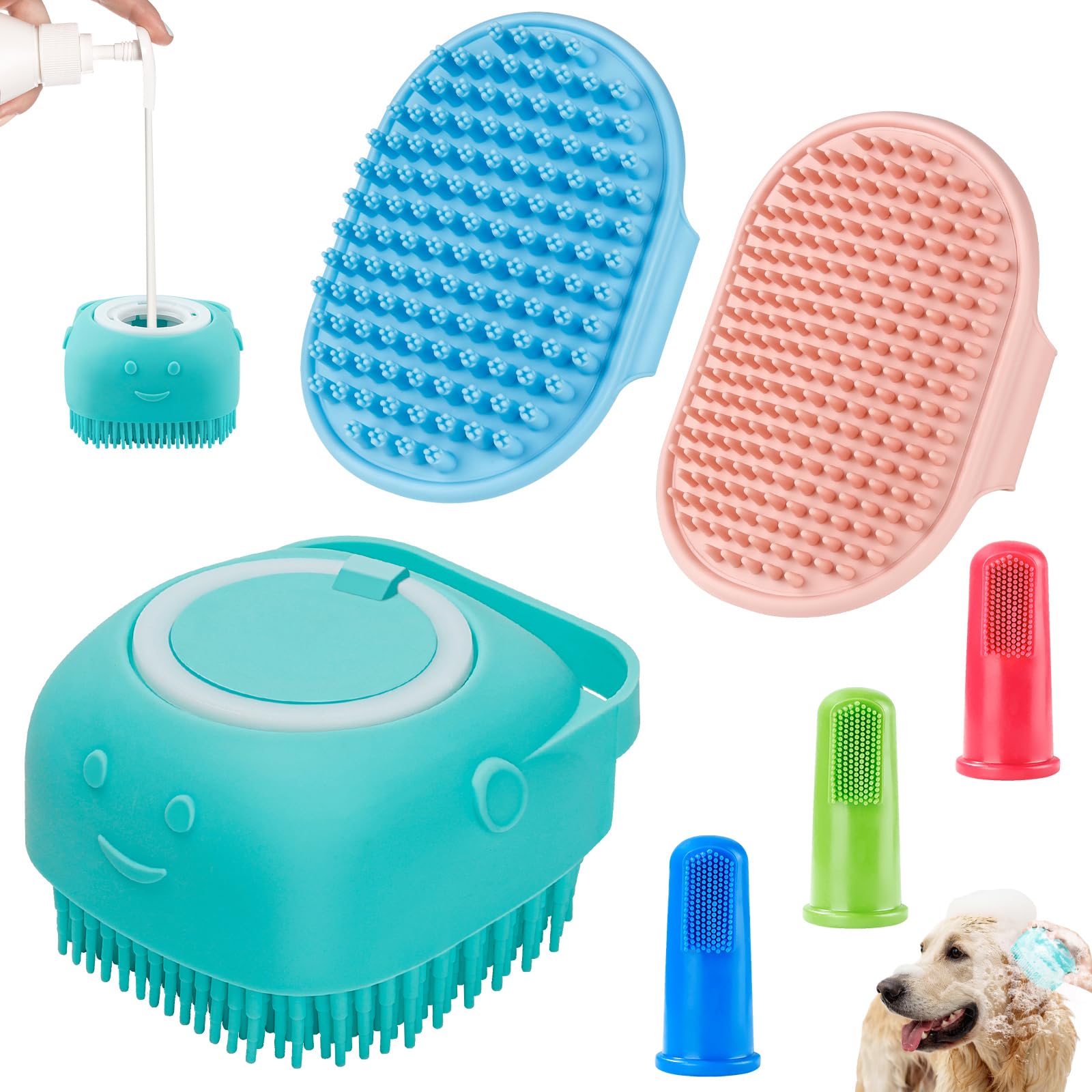 6PCS Dog Bath Brush & Dog Toothbrush | Adjustable Handle Shampoo Brush & Scrubber for Short & Long Haired Dogs & Cats | Effectively Solve Odor & Stain Removal Problems (Blue Blue Blue.)