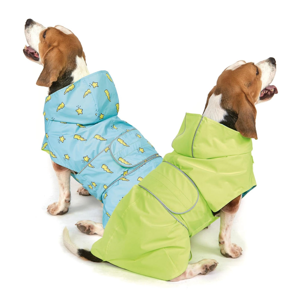 Dog Raincoat Reversible, Single Side Slicker Poncho Adjustable Waterproof Dog Rain Jacket with Leash Hole/Reflective Stripe Hooded Snowproof Windproof Clothes.