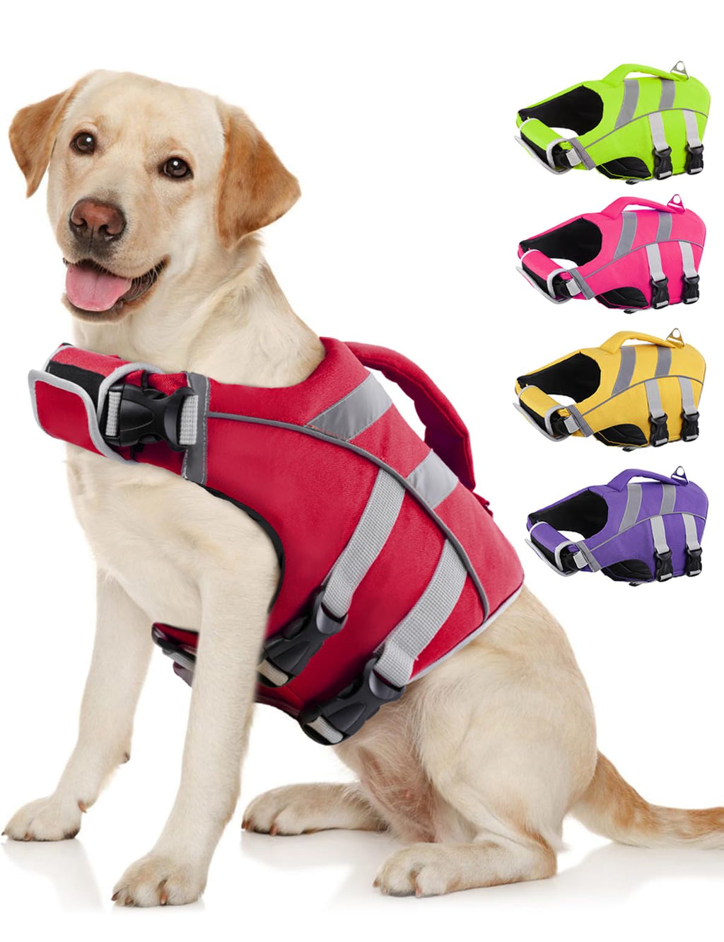 Dog Life Jacket with Reflective Stripes - Adjustable High Visibility Vest, Ripstop Lifesaver, Pet Preserver with High Flotation Swimsuit