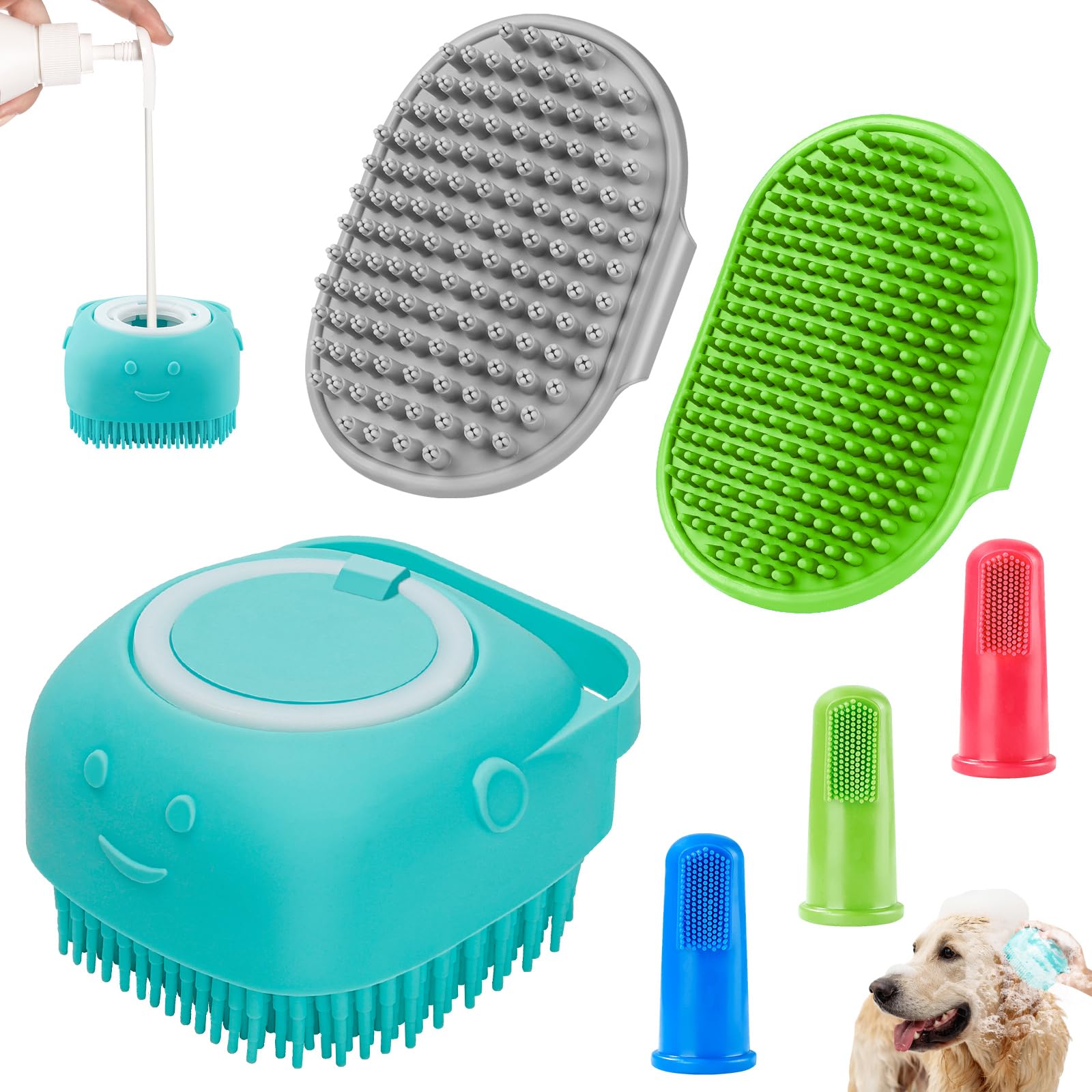 6PCS Dog Bath Brush & Dog Toothbrush | Adjustable Handle Shampoo Brush & Scrubber for Short & Long Haired Dogs & Cats | Effectively Solve Odor & Stain Removal Problems (Blue Blue Blue.)
