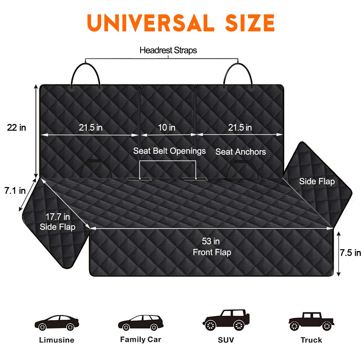 Dog Car Seat Cover, Back Seat Cover for Dogs Pet Car Seat Protector Waterproof Bench Car Seat Cover, Non-Slip Reat Seat Cover fits Middle Armrest for Most Cars Trucks SUVs - Black